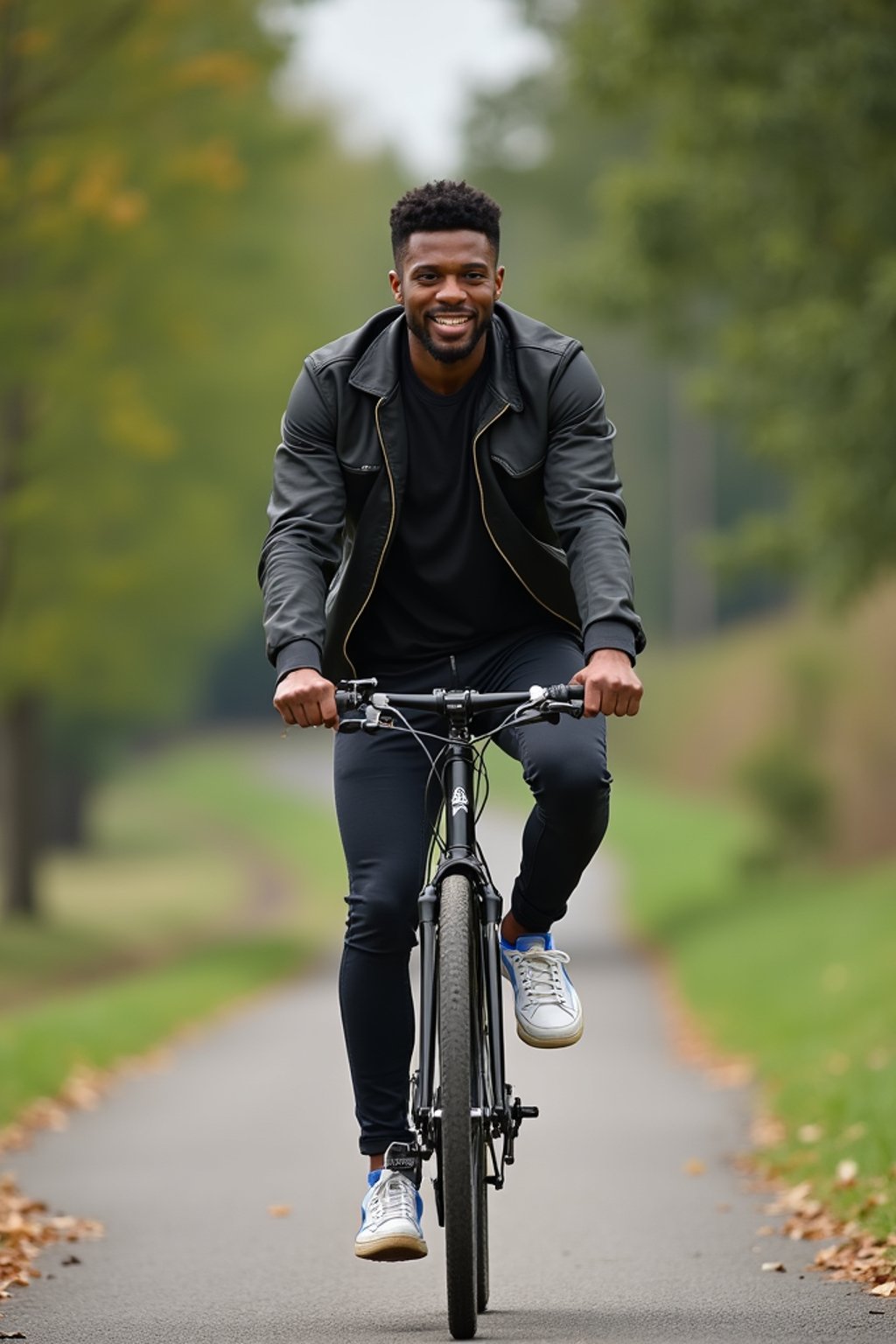 a stylish masculine  man enjoying a leisurely bike ride along a scenic path