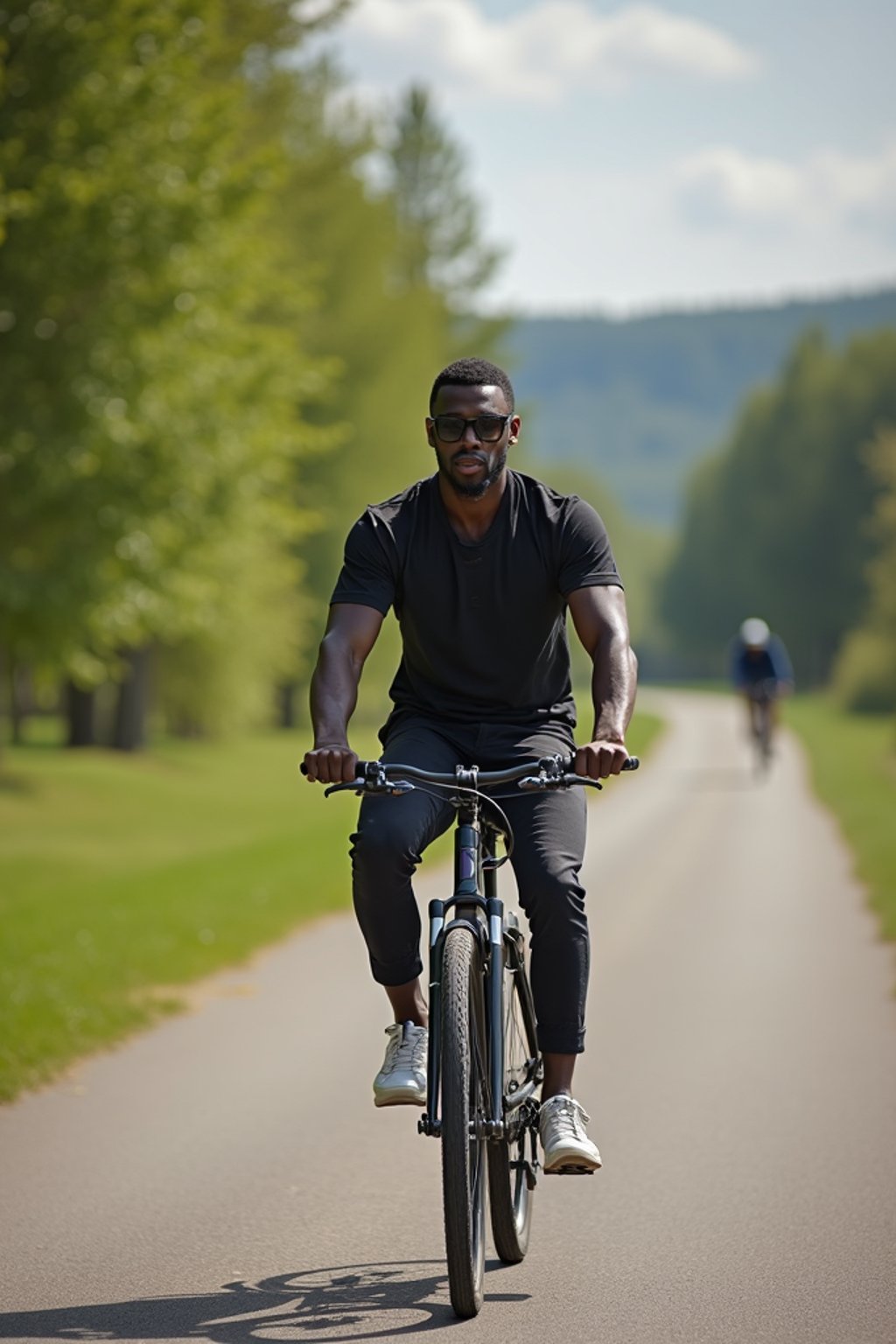 a stylish masculine  man enjoying a leisurely bike ride along a scenic path