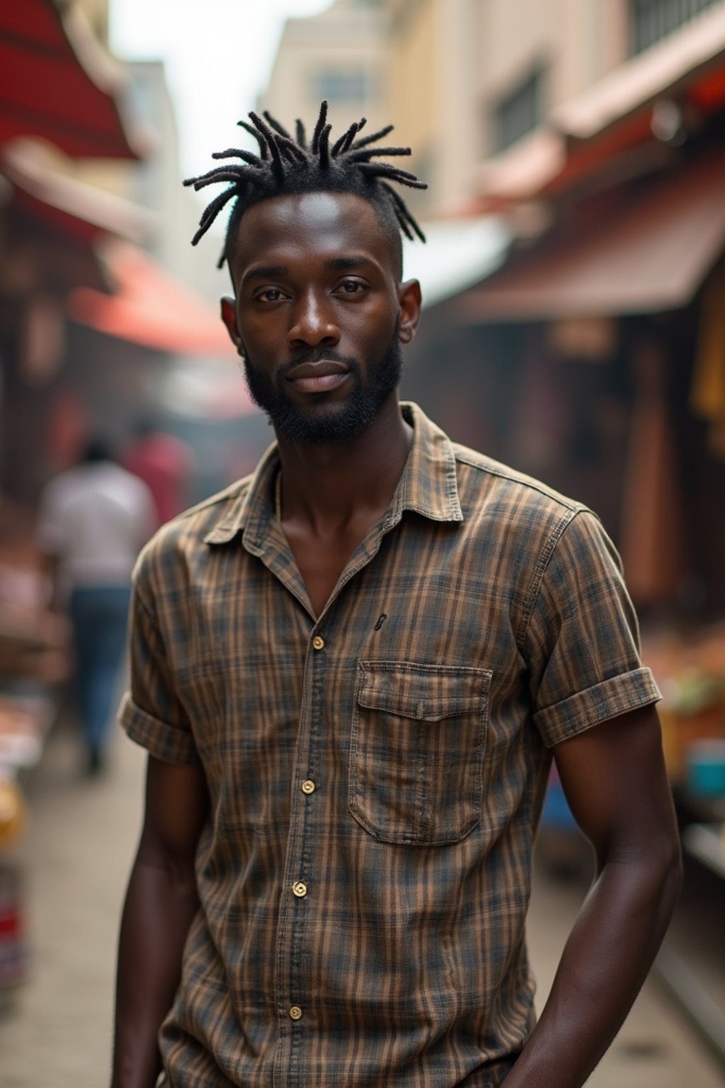 a charismatic masculine  man exploring a street market