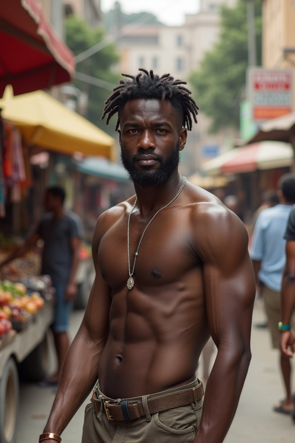 a charismatic masculine  man exploring a street market