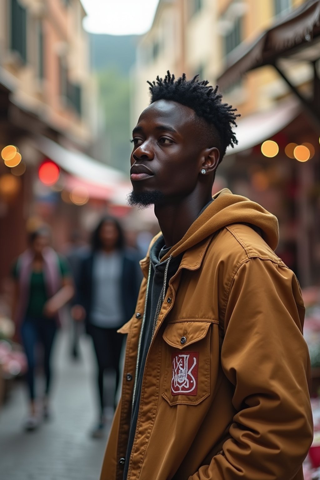 a charismatic masculine  man exploring a street market