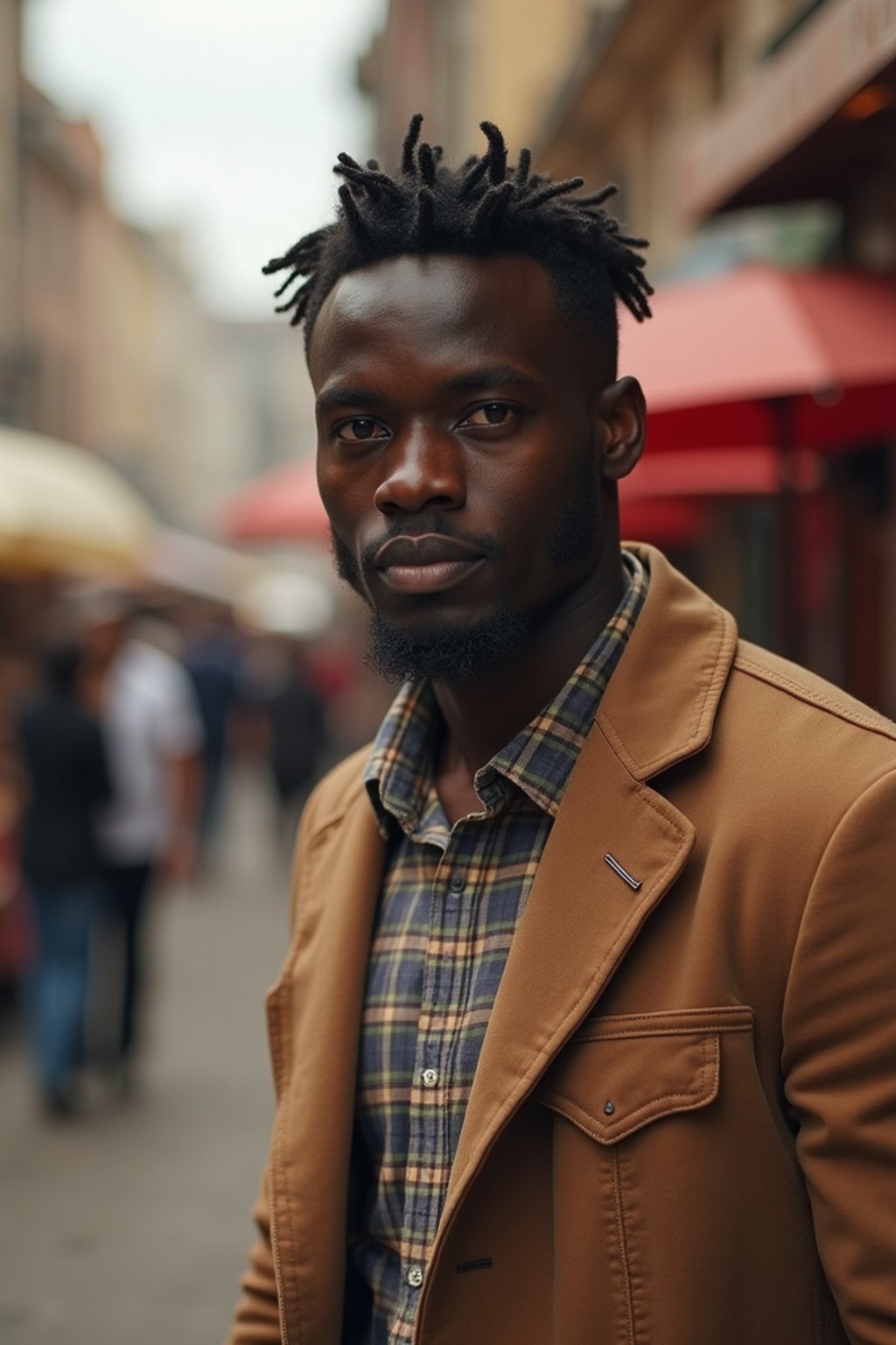 a charismatic masculine  man exploring a street market