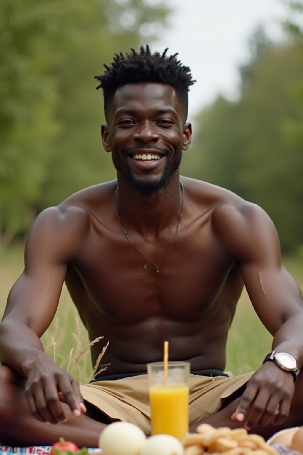 masculine  man having a fun outdoor picnic