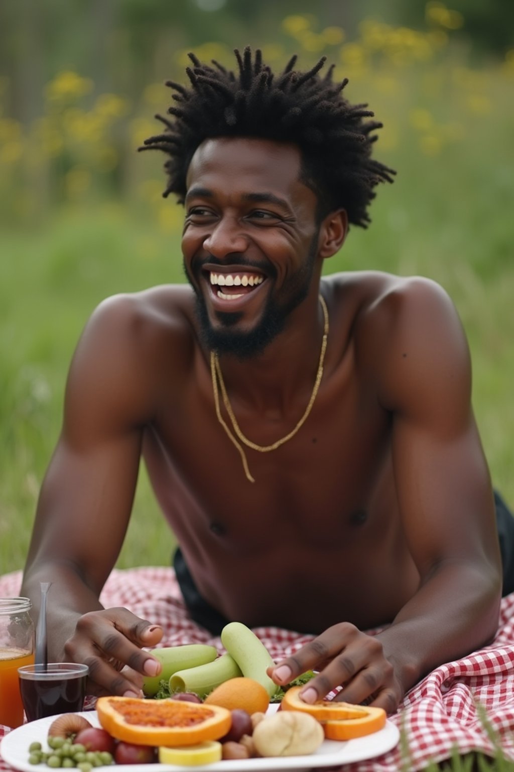 masculine  man having a fun outdoor picnic