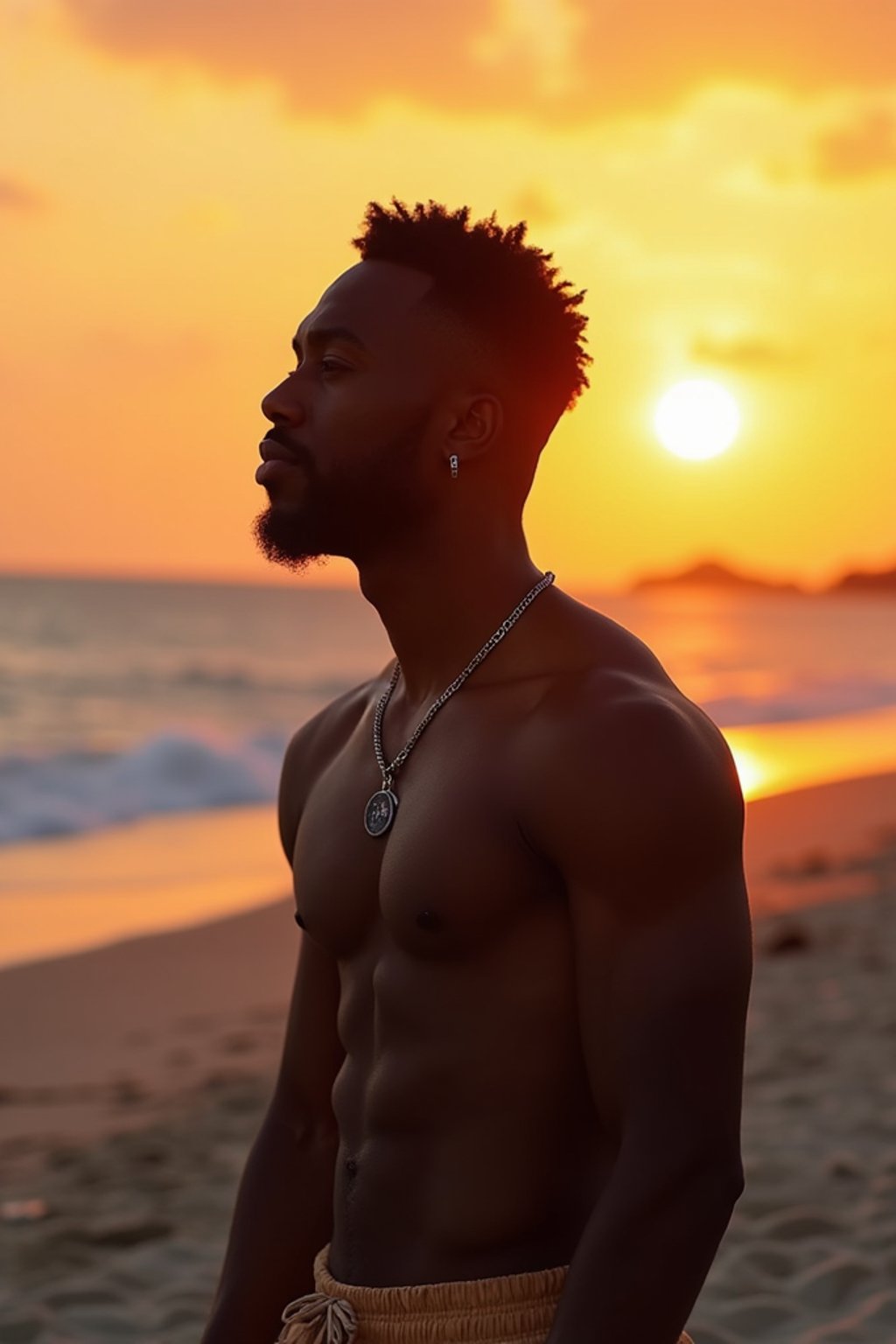 masculine  man enjoying a sunset at a beach or park