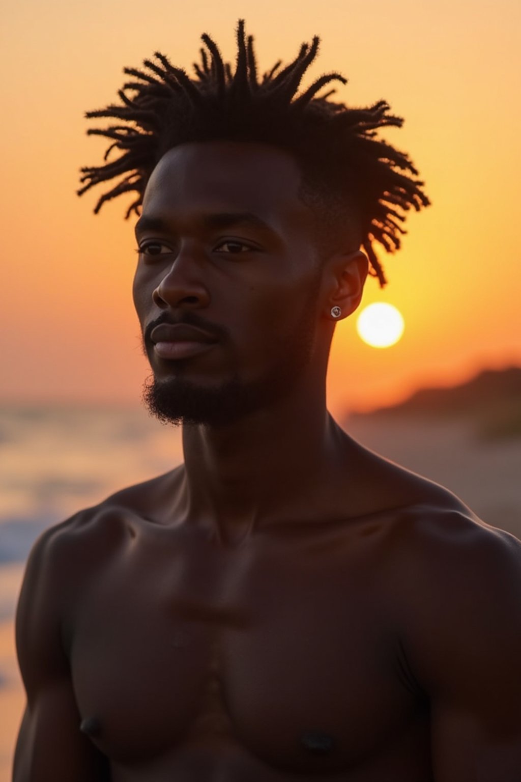 masculine  man enjoying a sunset at a beach or park