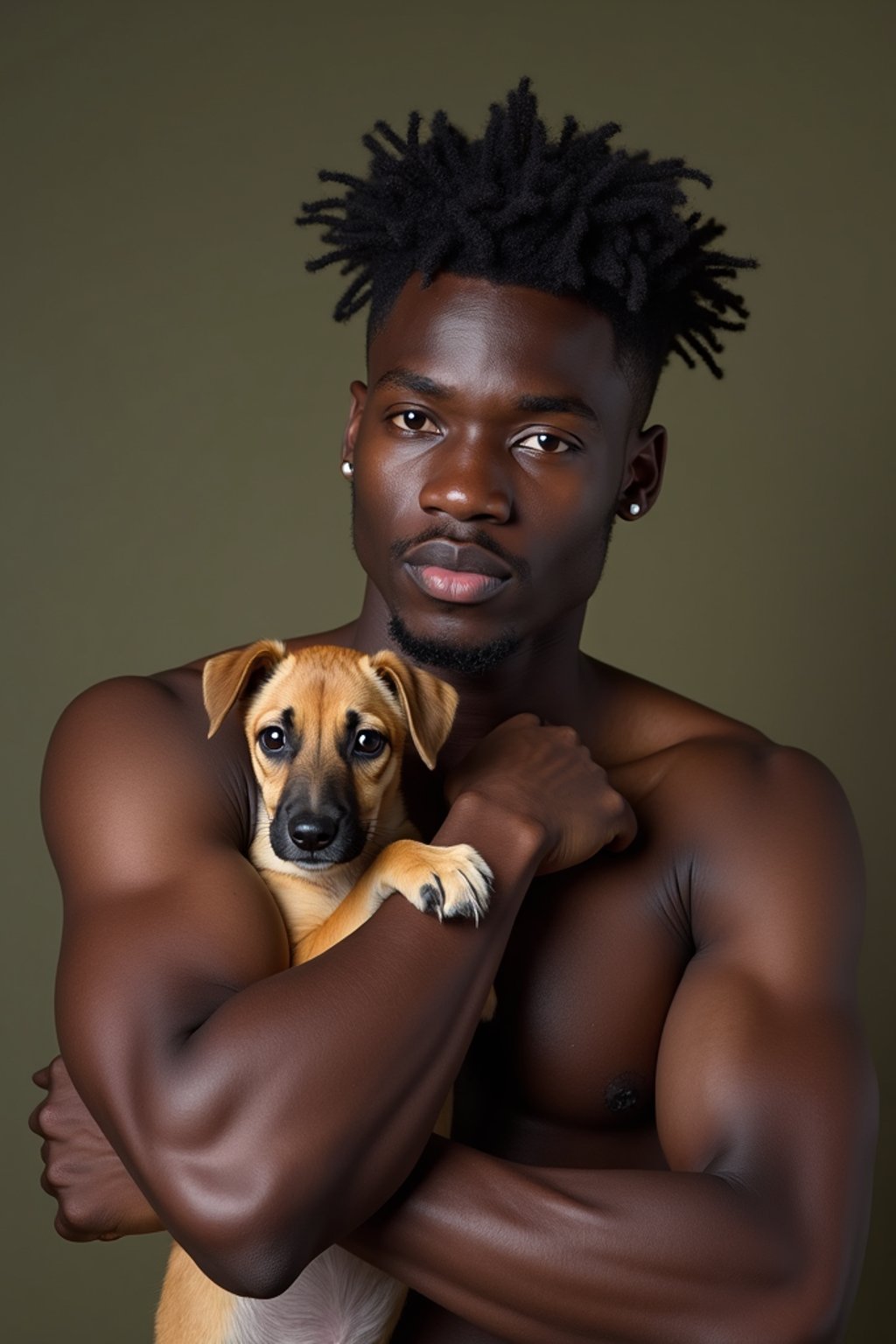 masculine  man posing with a cute pet