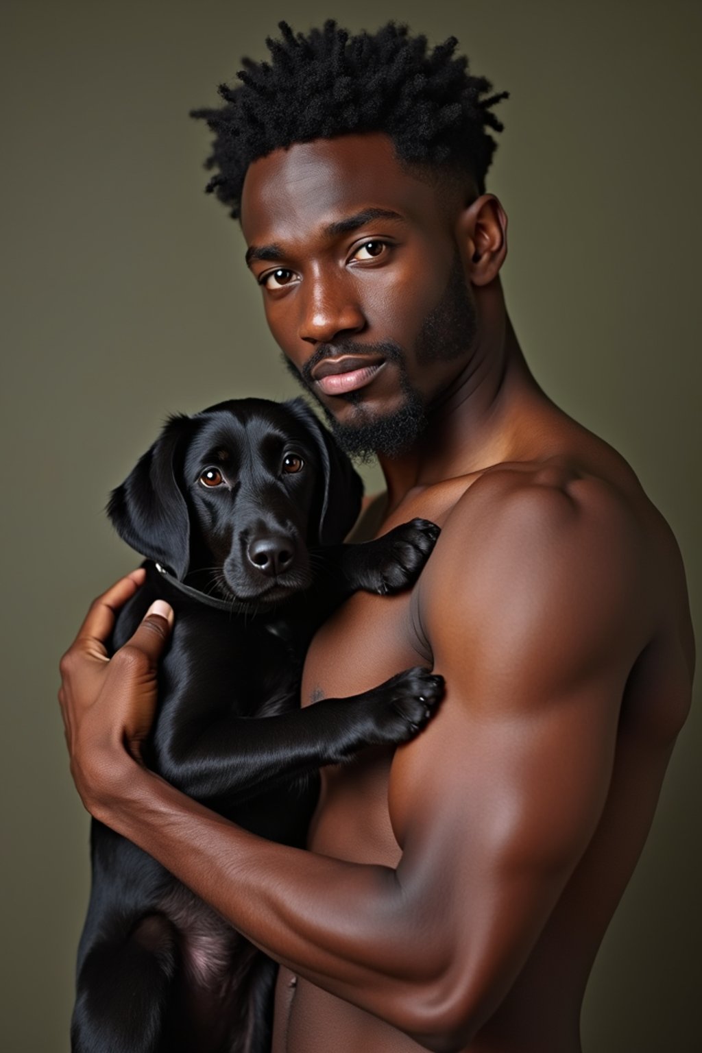 masculine  man posing with a cute pet