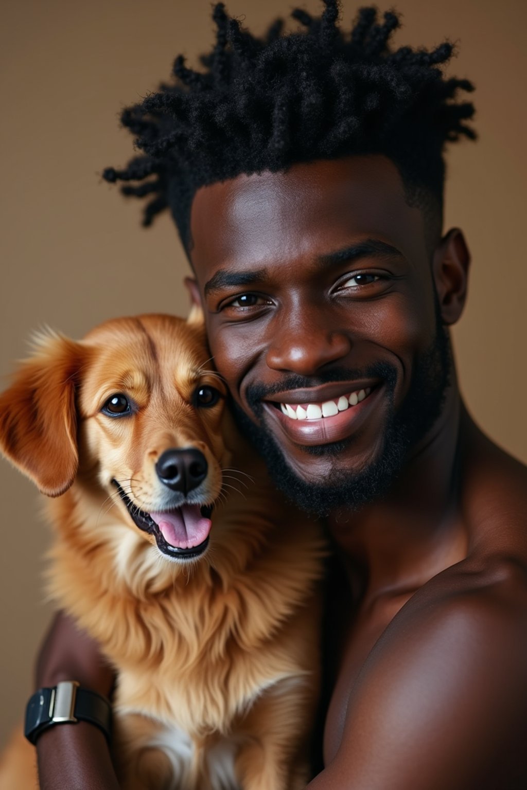 masculine  man posing with a cute pet