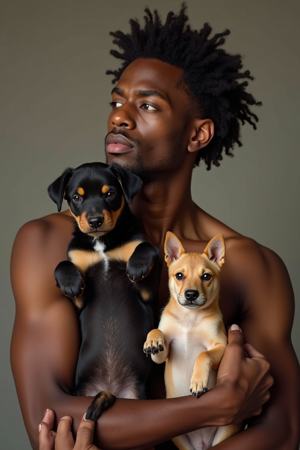 masculine  man posing with a cute pet