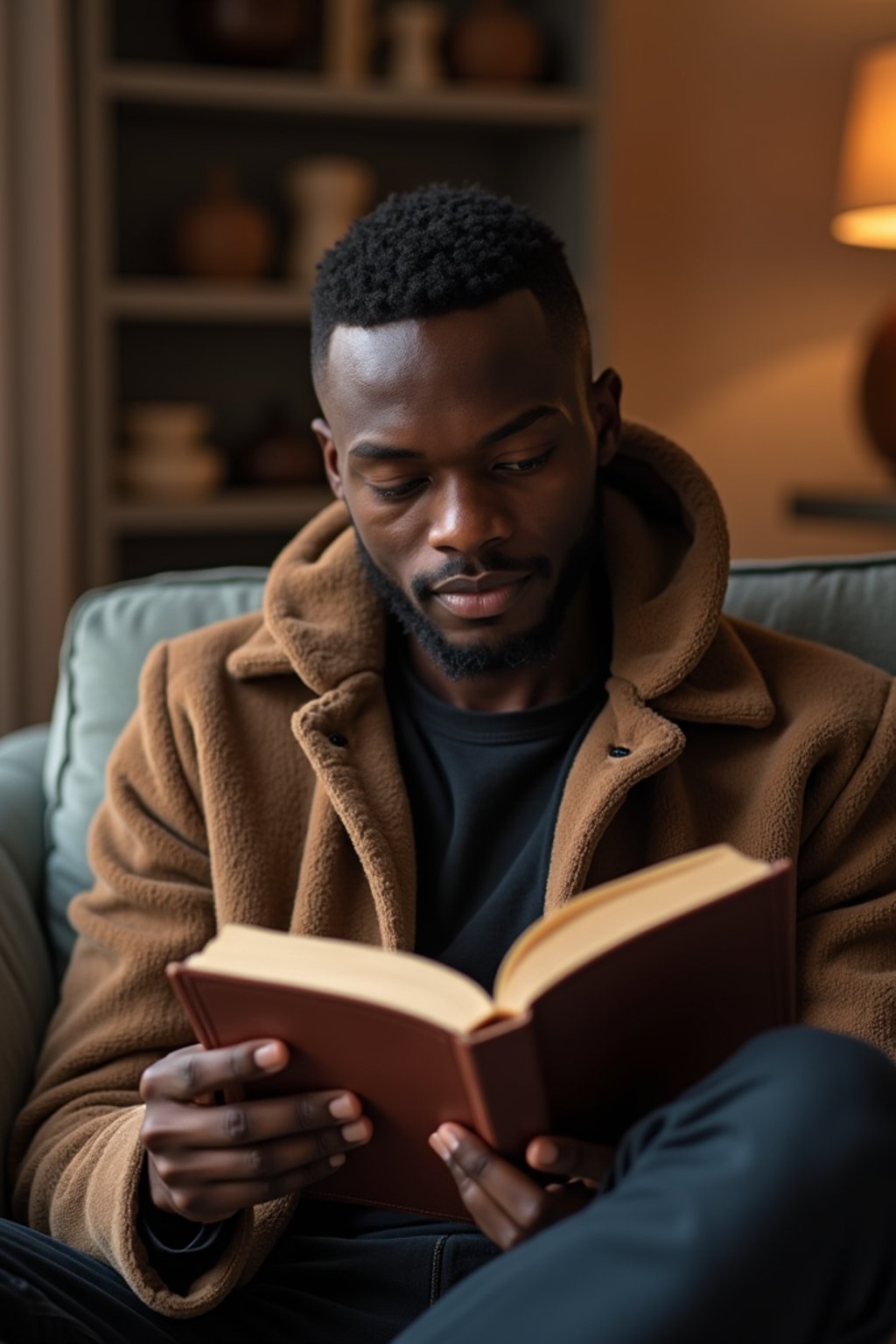 masculine  man reading a book in a cozy home environment