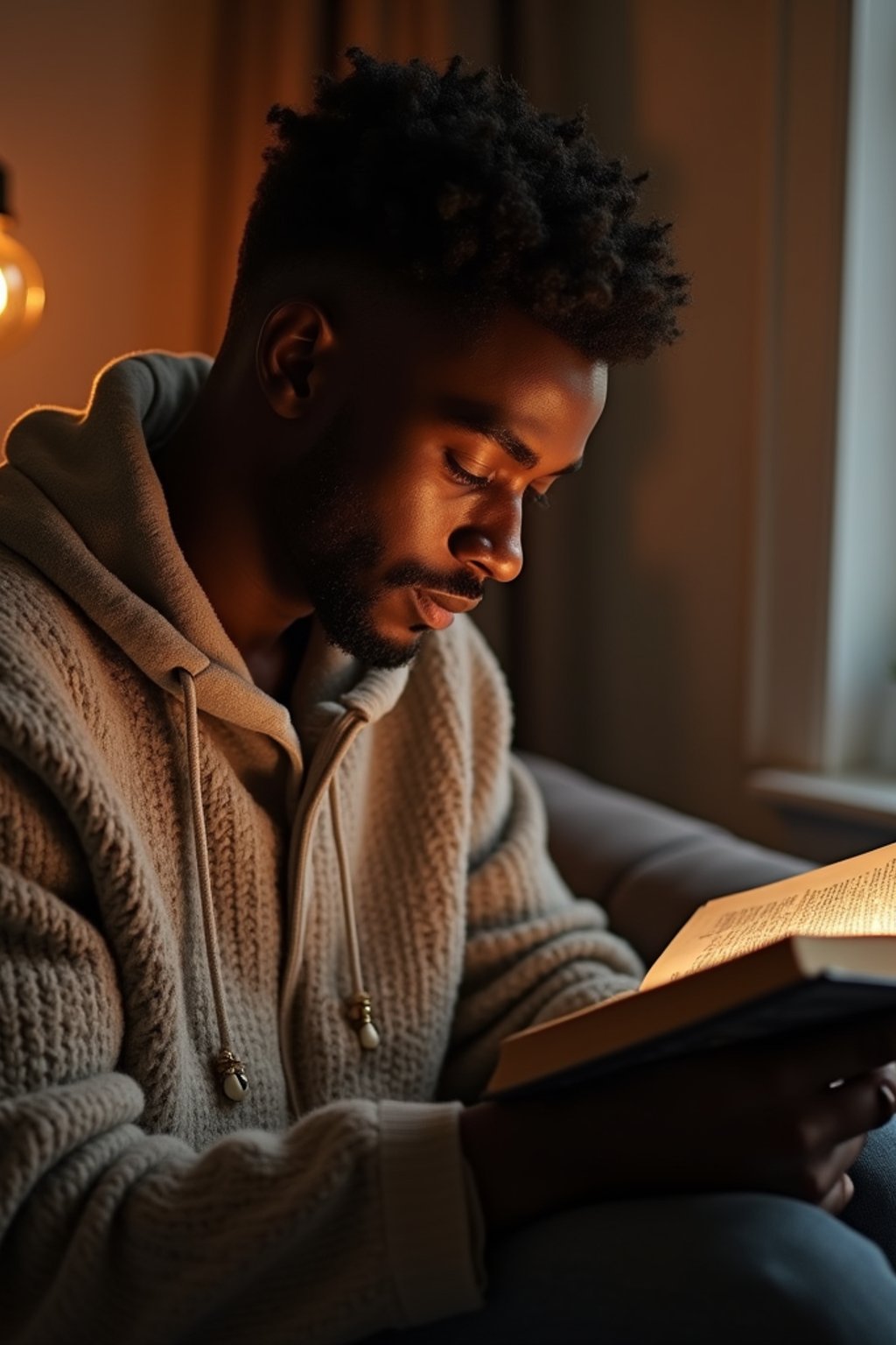 masculine  man reading a book in a cozy home environment