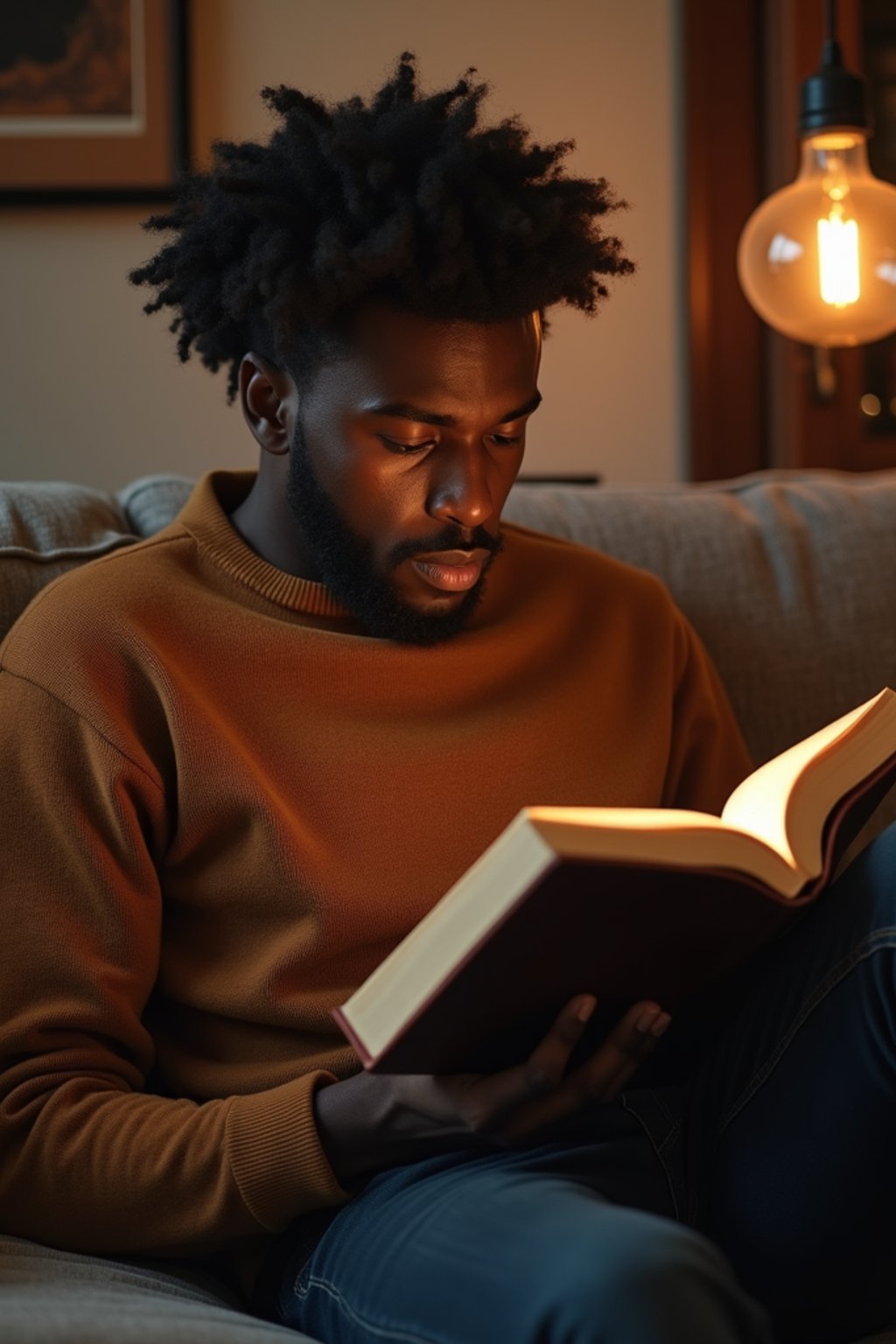 masculine  man reading a book in a cozy home environment