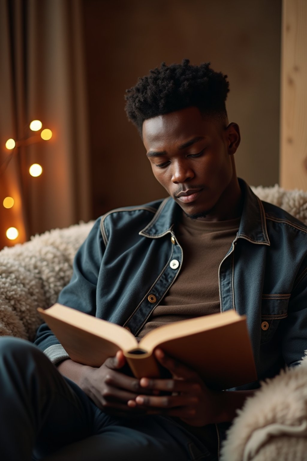 masculine  man reading a book in a cozy home environment