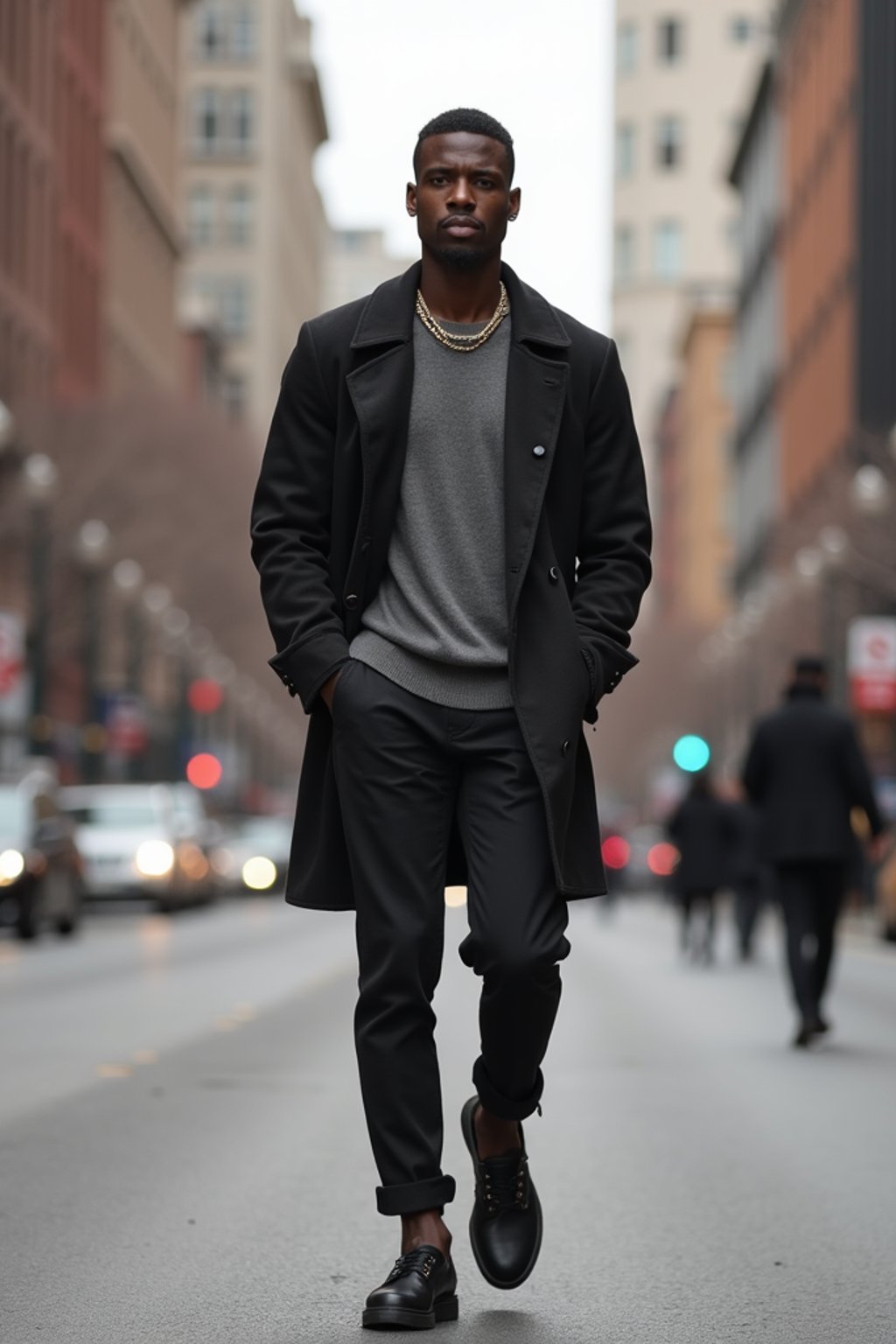 masculine  man taking a casual stroll through a cityscape