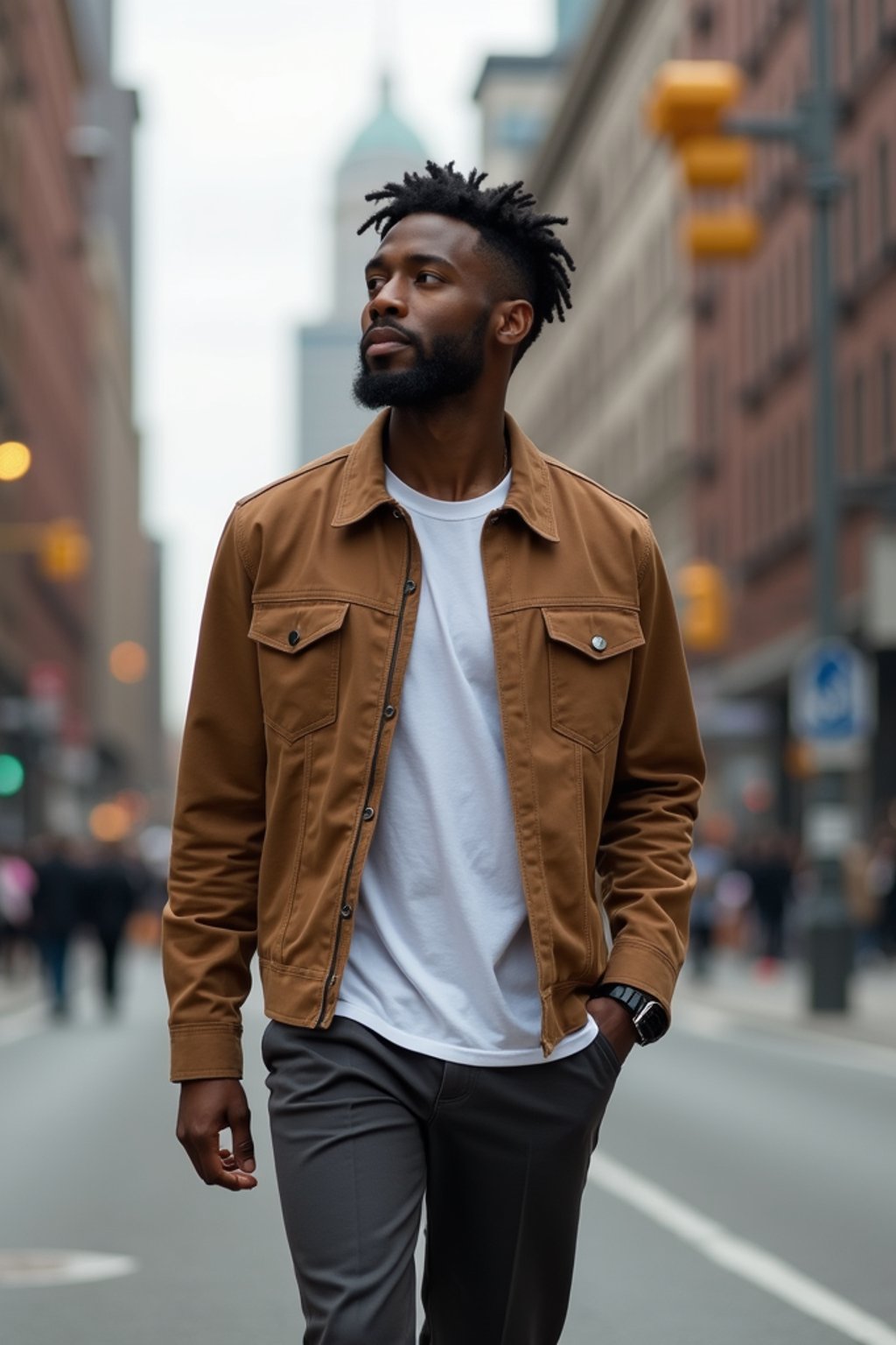 masculine  man taking a casual stroll through a cityscape