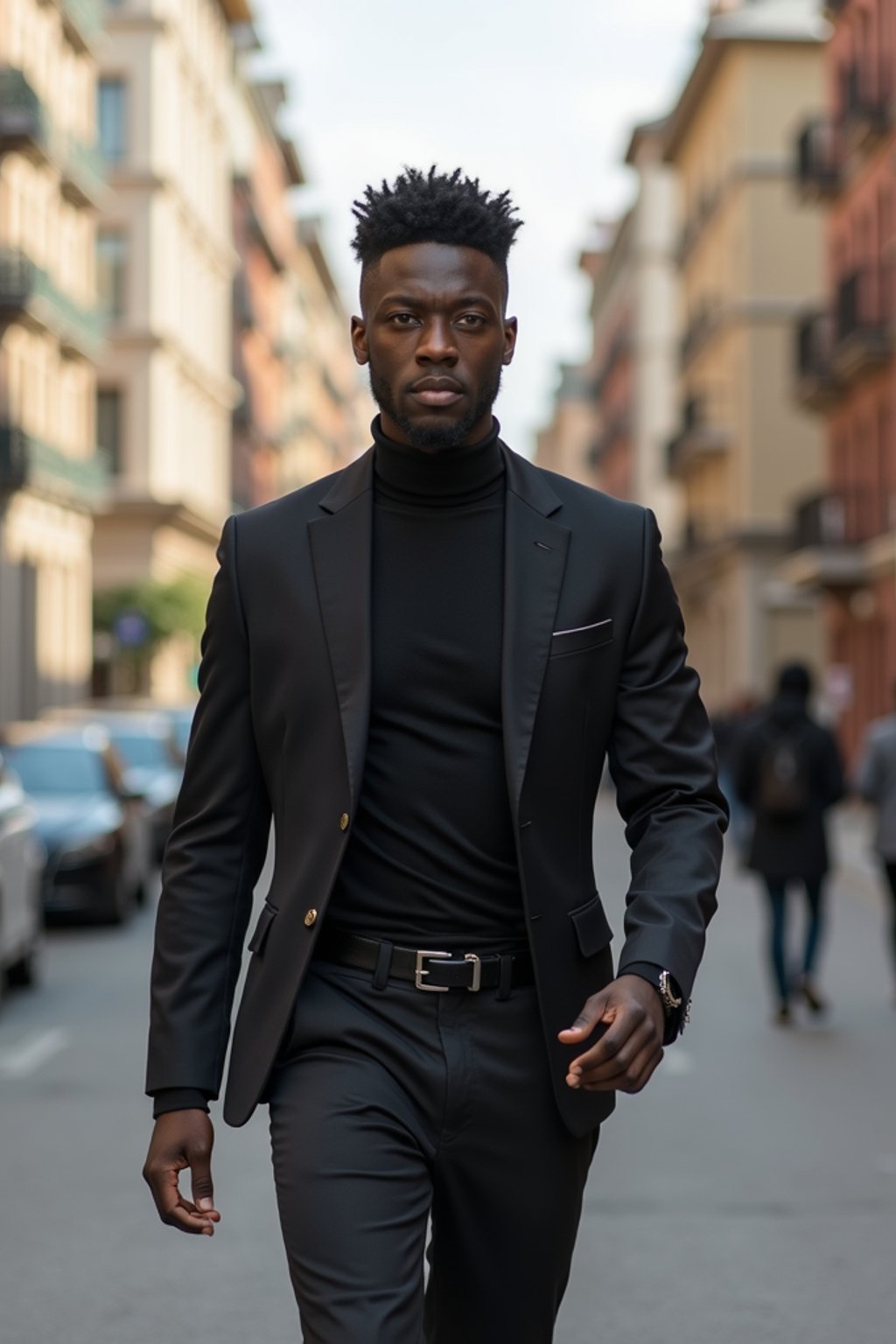 masculine  man taking a casual stroll through a cityscape