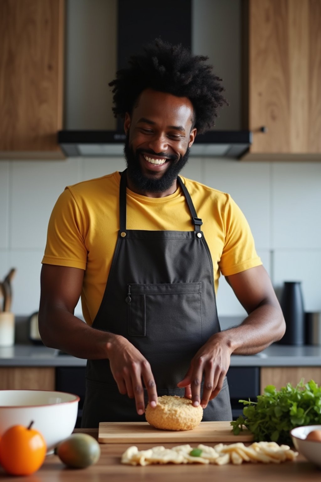 masculine  man cooking or baking in a modern kitchen