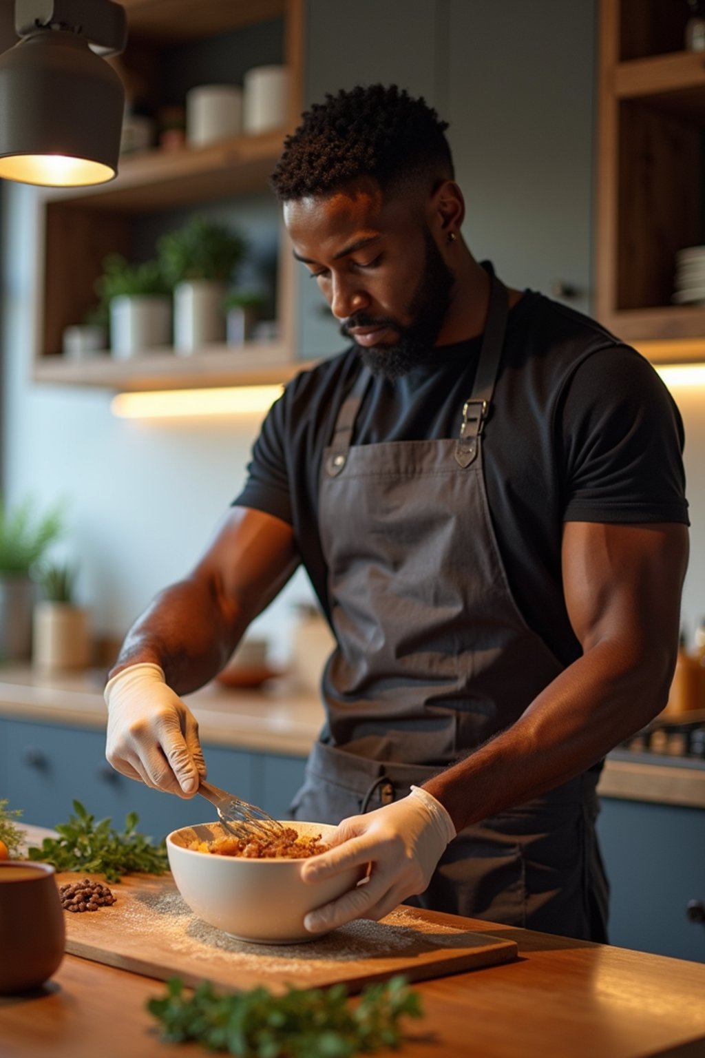 masculine  man cooking or baking in a modern kitchen