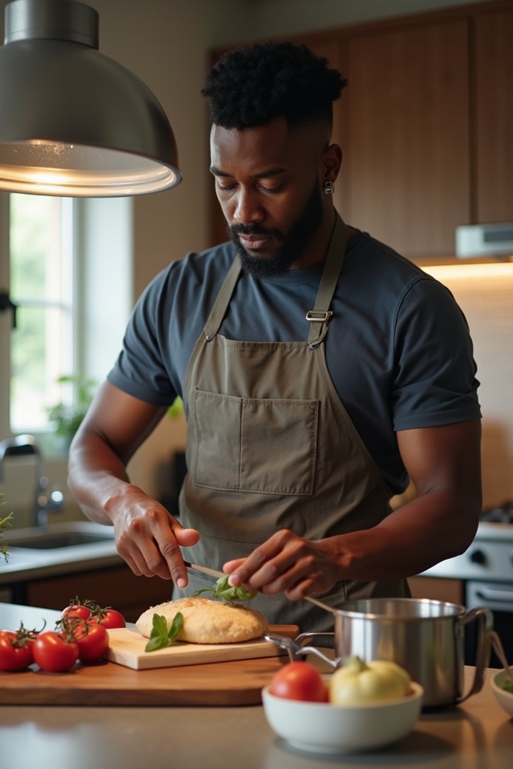 masculine  man cooking or baking in a modern kitchen