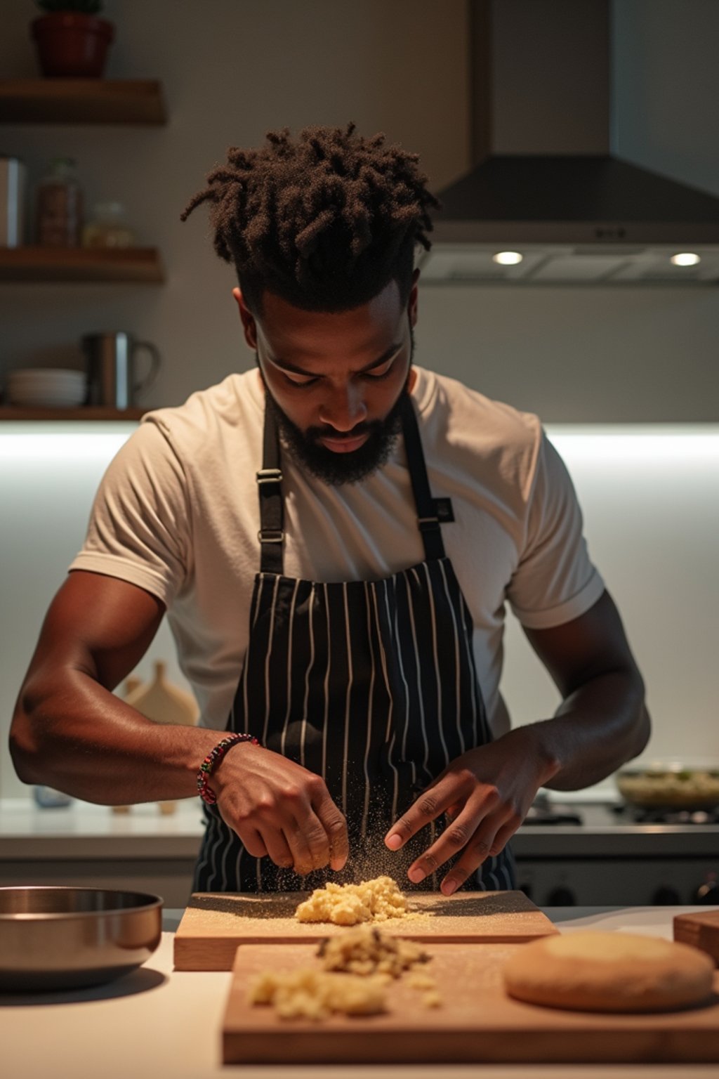 masculine  man cooking or baking in a modern kitchen