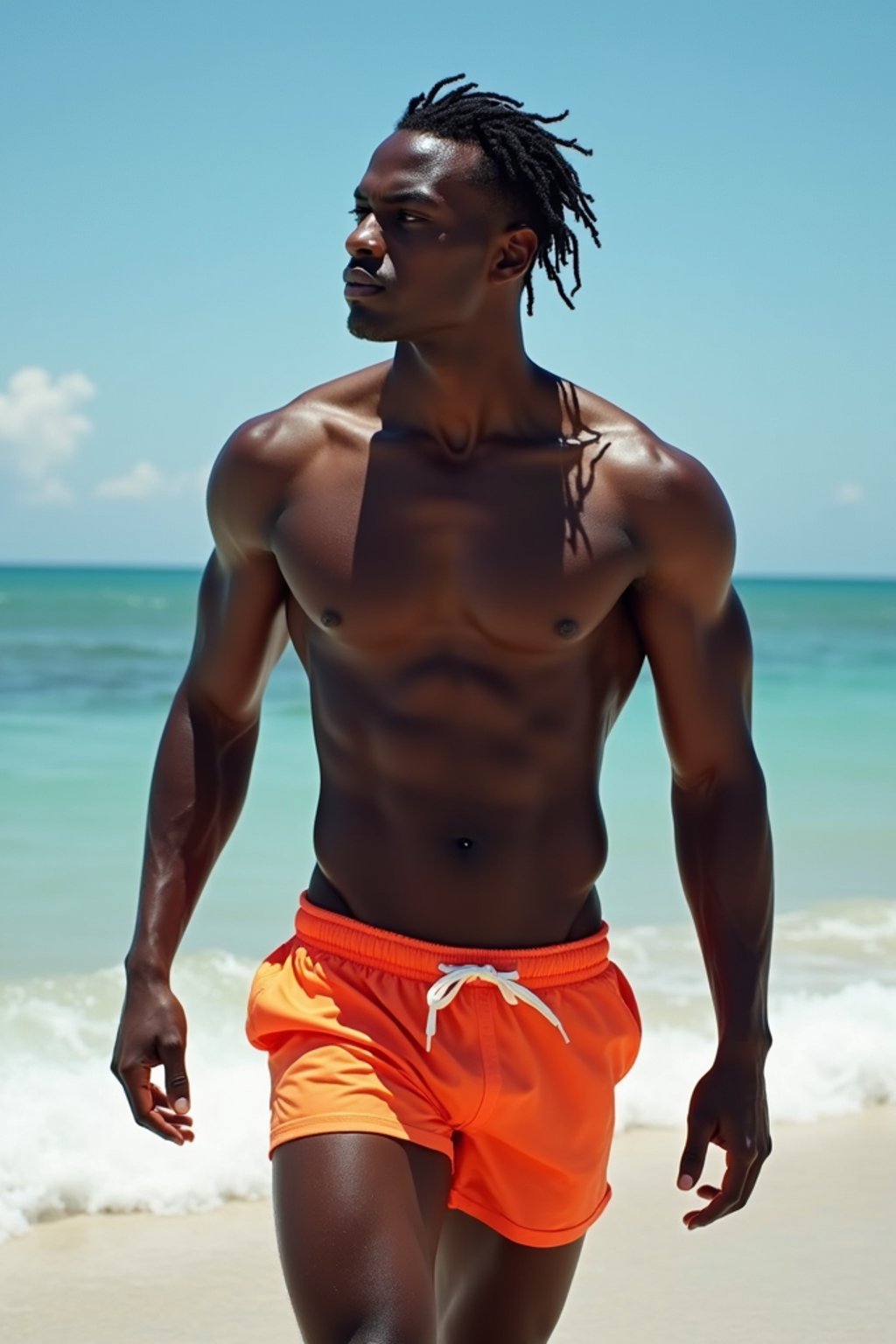 masculine  man in solid color  swim shorts on the beach, wet hair, swimsuit sports illustrated FHM maxim photos