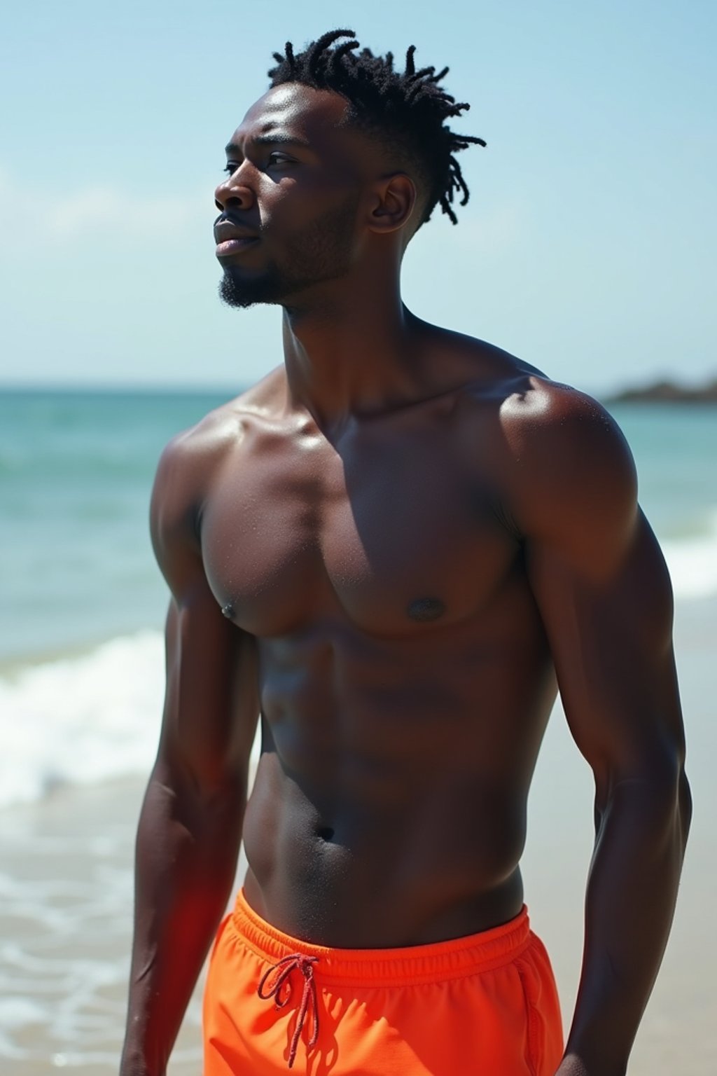 masculine  man in solid color  swim shorts on the beach, wet hair, swimsuit sports illustrated FHM maxim photos