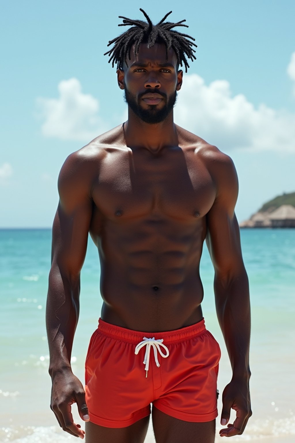 masculine  man in solid color  swim shorts on the beach, wet hair, swimsuit sports illustrated FHM maxim photos