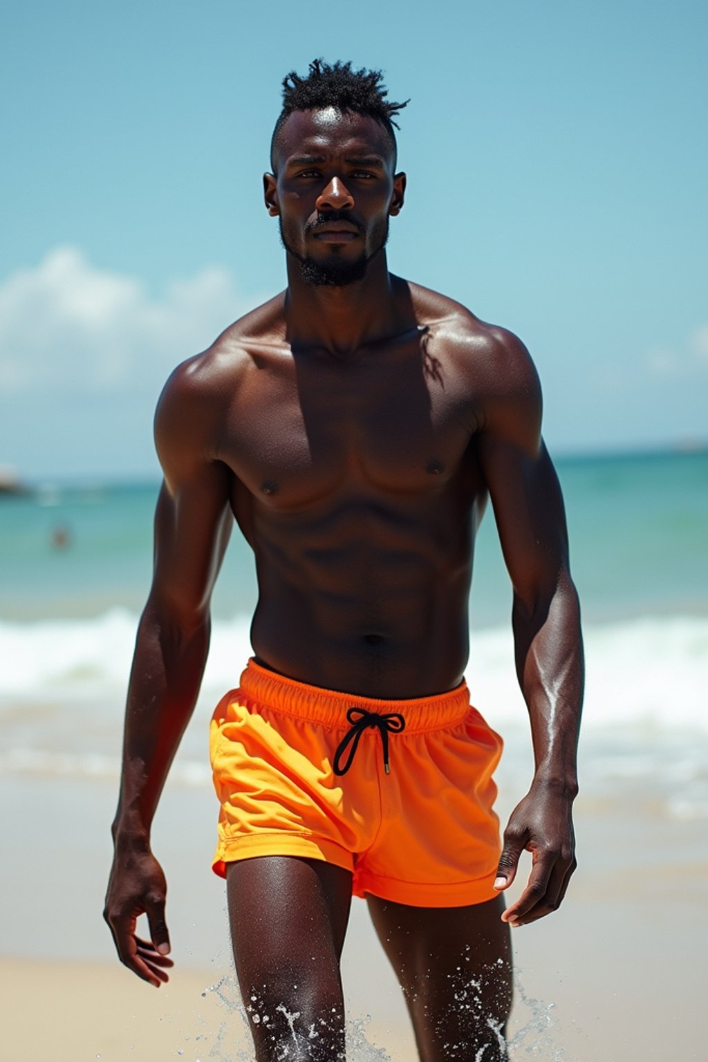 masculine  man in solid color  swim shorts on the beach, wet hair, swimsuit sports illustrated FHM maxim photos