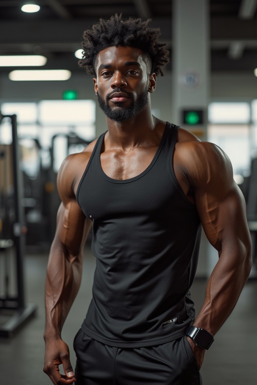 masculine  man wearing  or shorts and sports top in the fitness gym