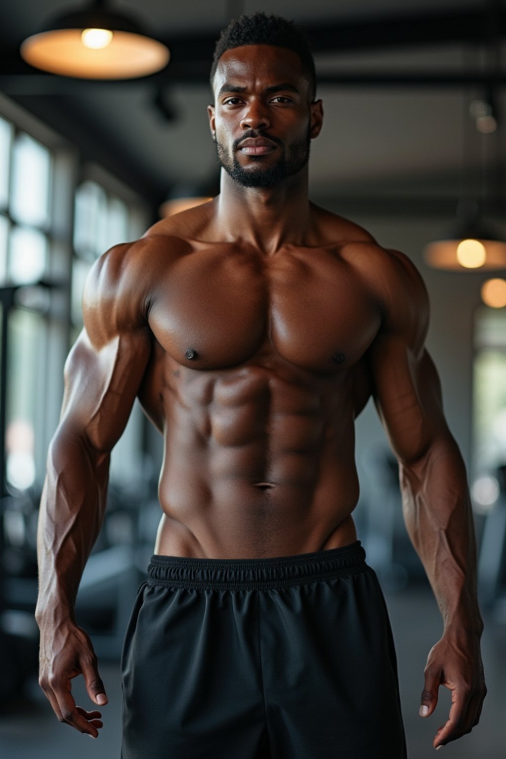 masculine  man wearing  or shorts and sports top in the fitness gym