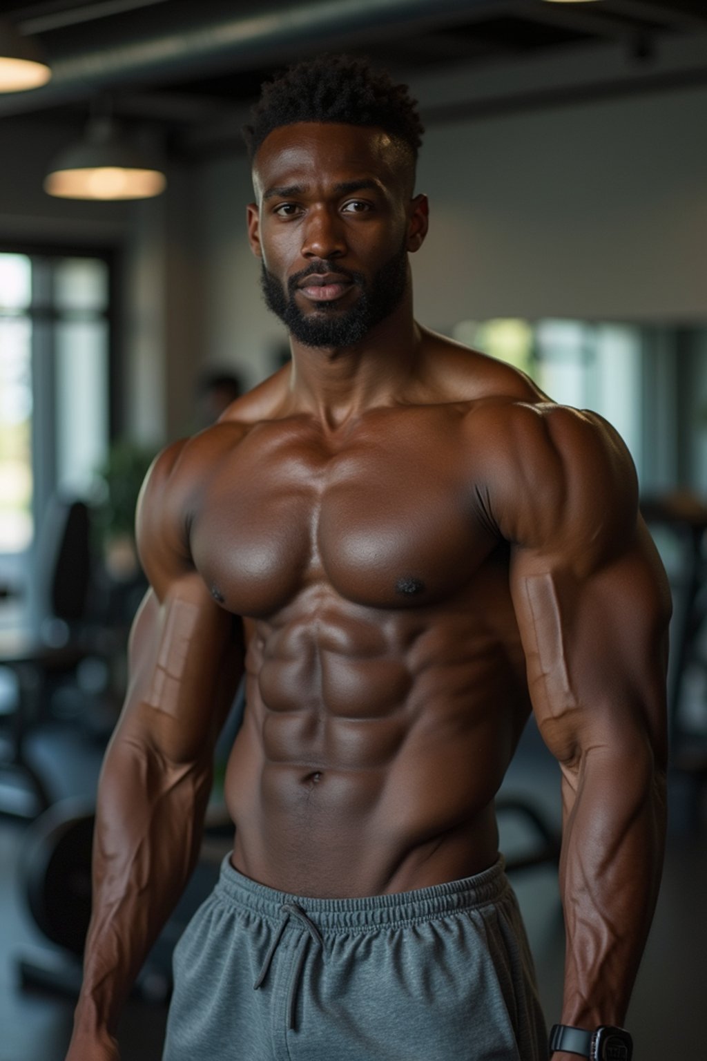 masculine  man wearing  or shorts and sports top in the fitness gym