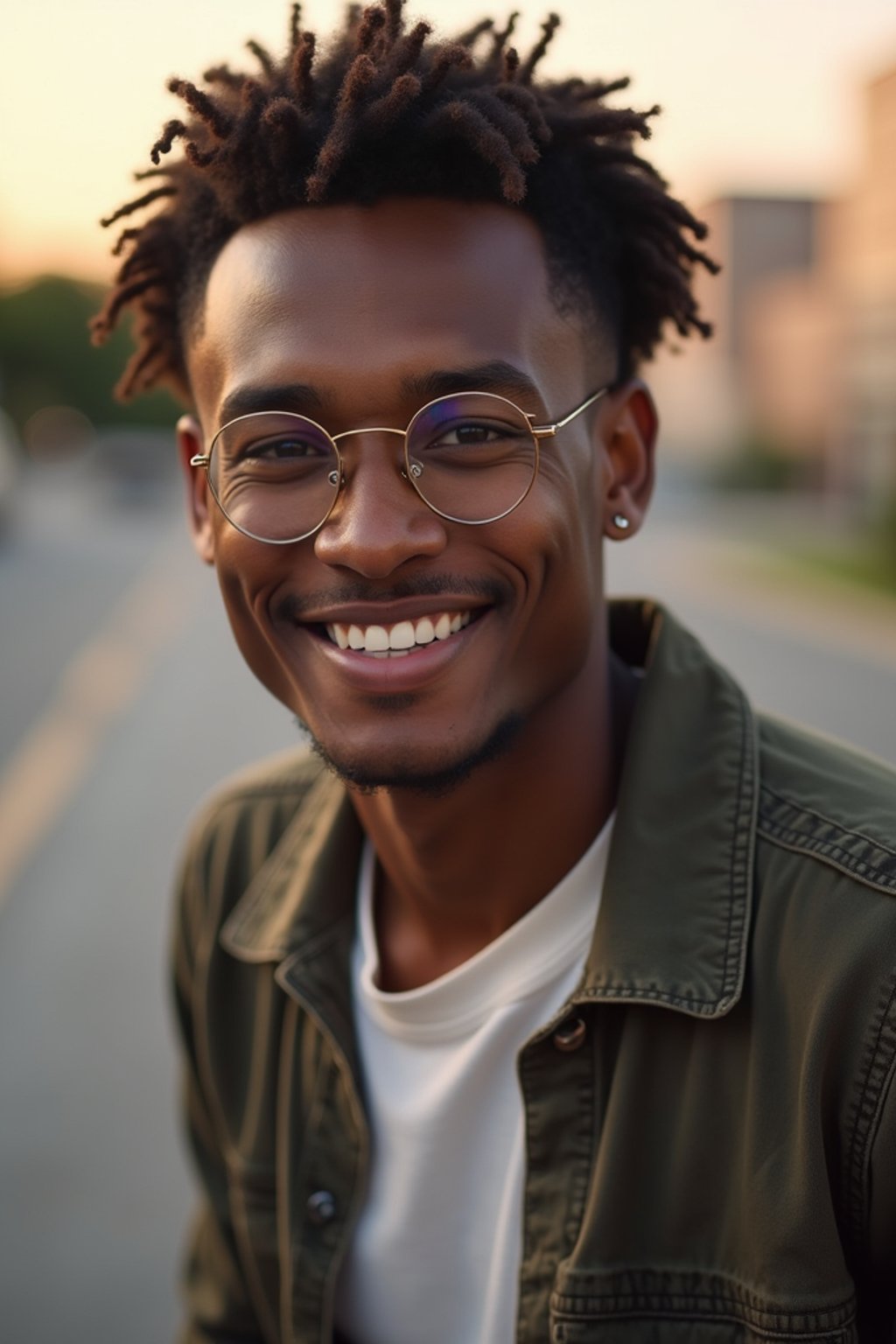 headshot of smiling man wearing casual clothes posing for dating app headshot. outdoor blurry background. the lighting is warm, possibly from a setting sun, creating a soft glow around him, enhancing the casual and relaxed vibe of the image. the setting seems to be outdoors, likely in an urban environment, with the blurred background hinting at a street or park-like area. this image likely portrays a youthful, active, and approachable individual, possibly in a lifestyle or fashion-related context.