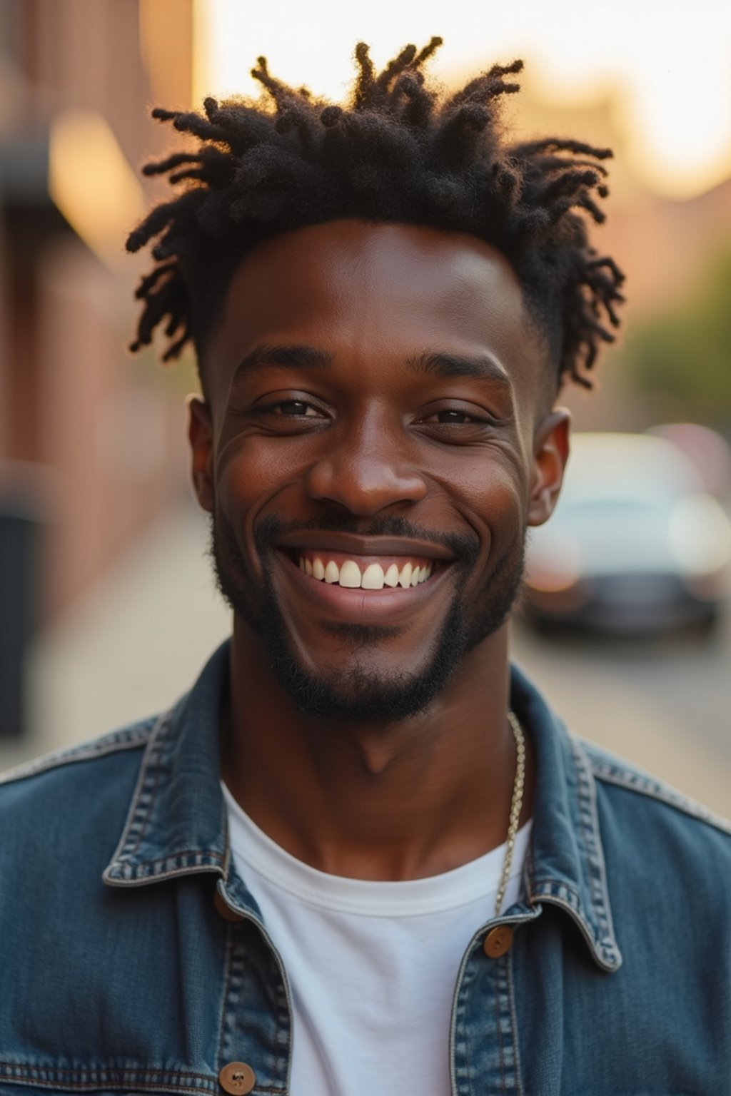 headshot of smiling man wearing casual clothes posing for dating app headshot. outdoor blurry background. the lighting is warm, possibly from a setting sun, creating a soft glow around him, enhancing the casual and relaxed vibe of the image. the setting seems to be outdoors, likely in an urban environment, with the blurred background hinting at a street or park-like area. this image likely portrays a youthful, active, and approachable individual, possibly in a lifestyle or fashion-related context.