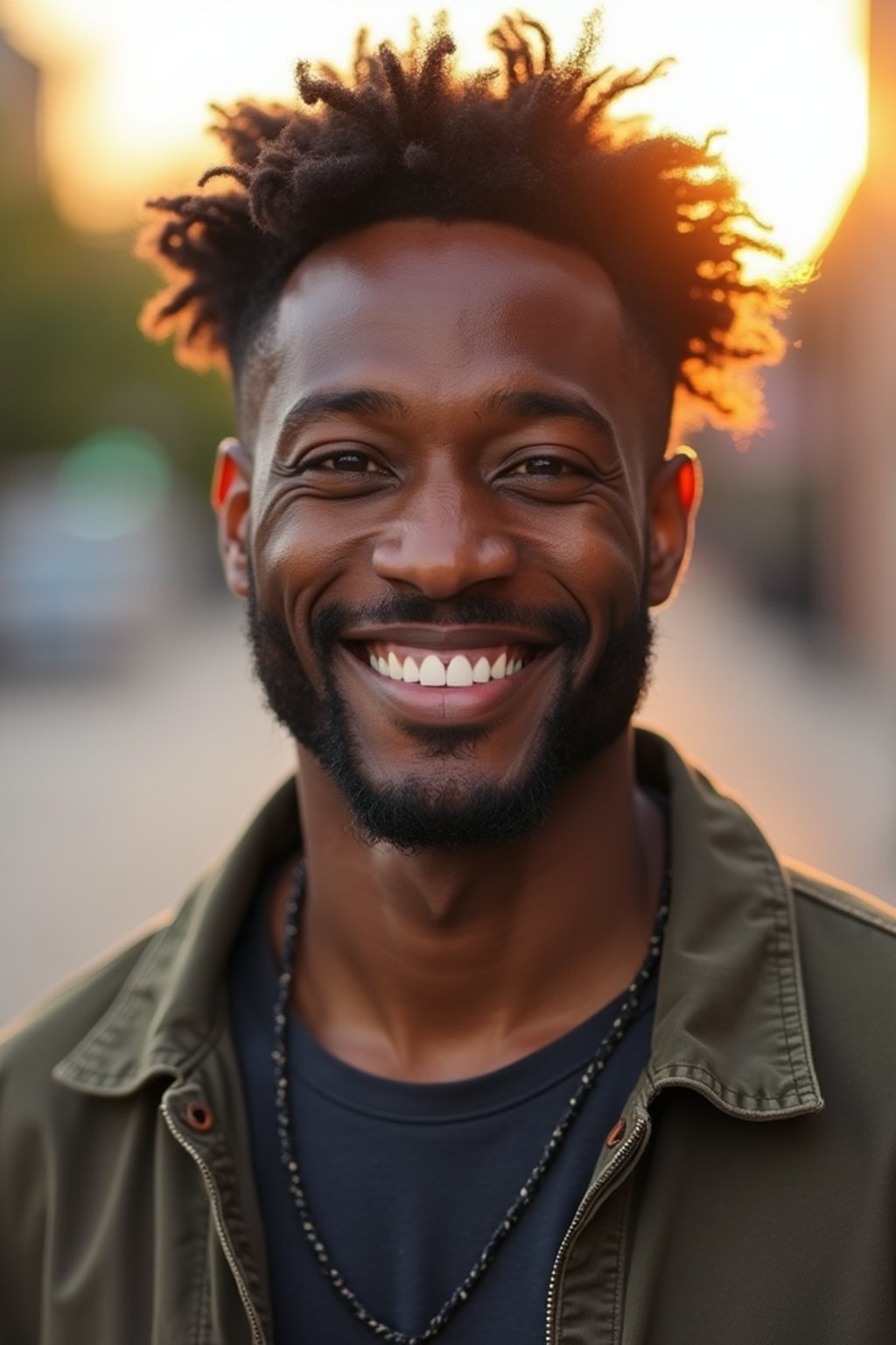 headshot of smiling man wearing casual clothes posing for dating app headshot. outdoor blurry background. the lighting is warm, possibly from a setting sun, creating a soft glow around him, enhancing the casual and relaxed vibe of the image. the setting seems to be outdoors, likely in an urban environment, with the blurred background hinting at a street or park-like area. this image likely portrays a youthful, active, and approachable individual, possibly in a lifestyle or fashion-related context.