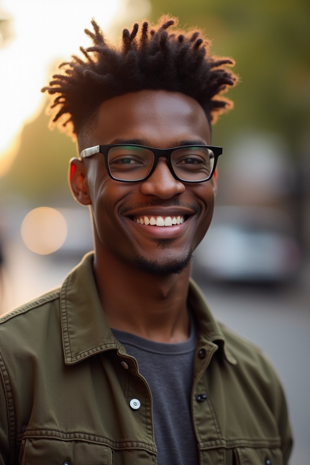 headshot of smiling man wearing casual clothes posing for dating app headshot. outdoor blurry background. the lighting is warm, possibly from a setting sun, creating a soft glow around him, enhancing the casual and relaxed vibe of the image. the setting seems to be outdoors, likely in an urban environment, with the blurred background hinting at a street or park-like area. this image likely portrays a youthful, active, and approachable individual, possibly in a lifestyle or fashion-related context.