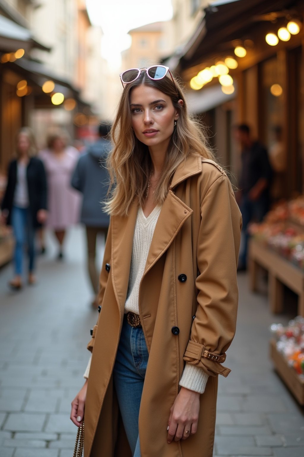 a stylish  feminine woman exploring a street market