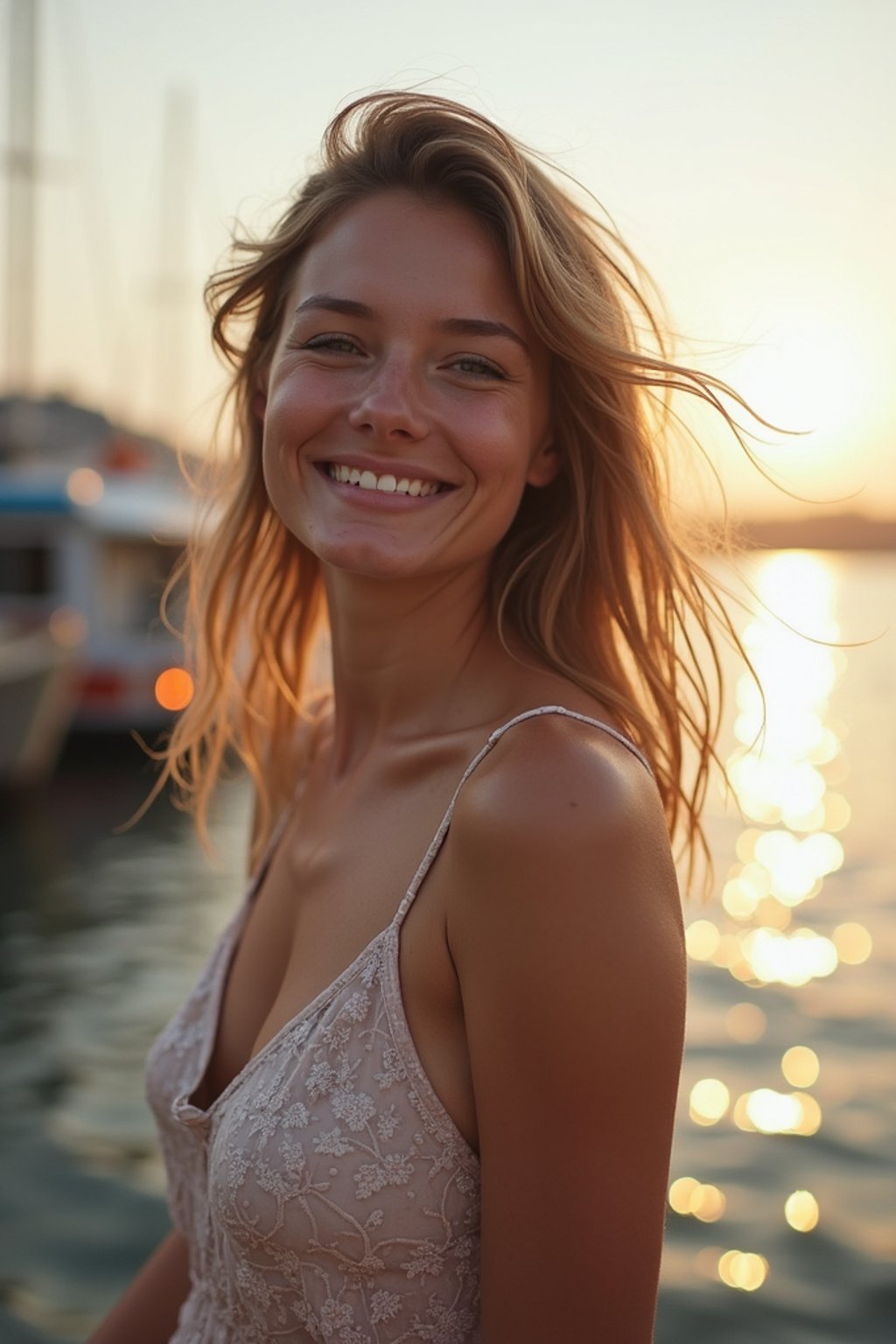 a captivating  feminine woman enjoying a peaceful moment by the waterfront