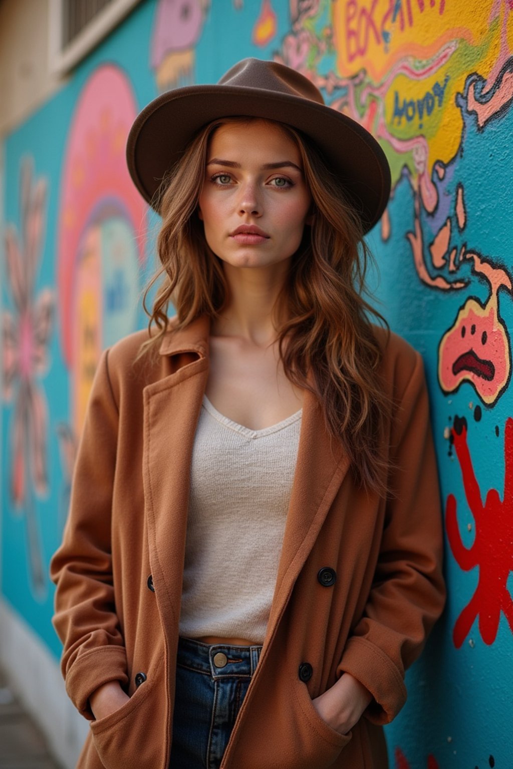 a fashionable  feminine woman posing in front of street art