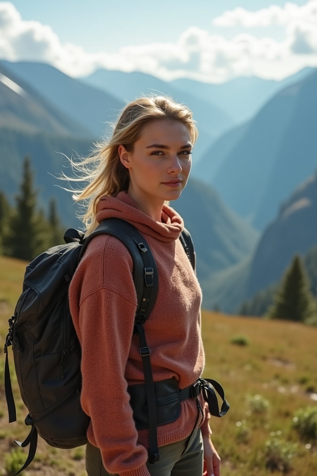 an adventurous  feminine woman hiking in the mountains