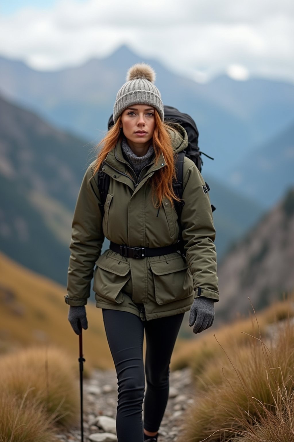 an adventurous  feminine woman hiking in the mountains