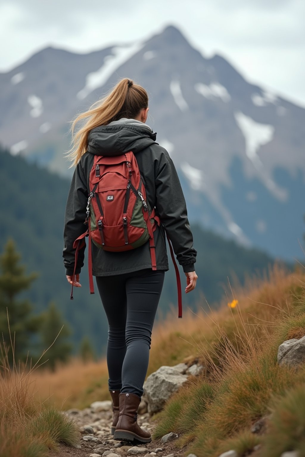 an adventurous  feminine woman hiking in the mountains