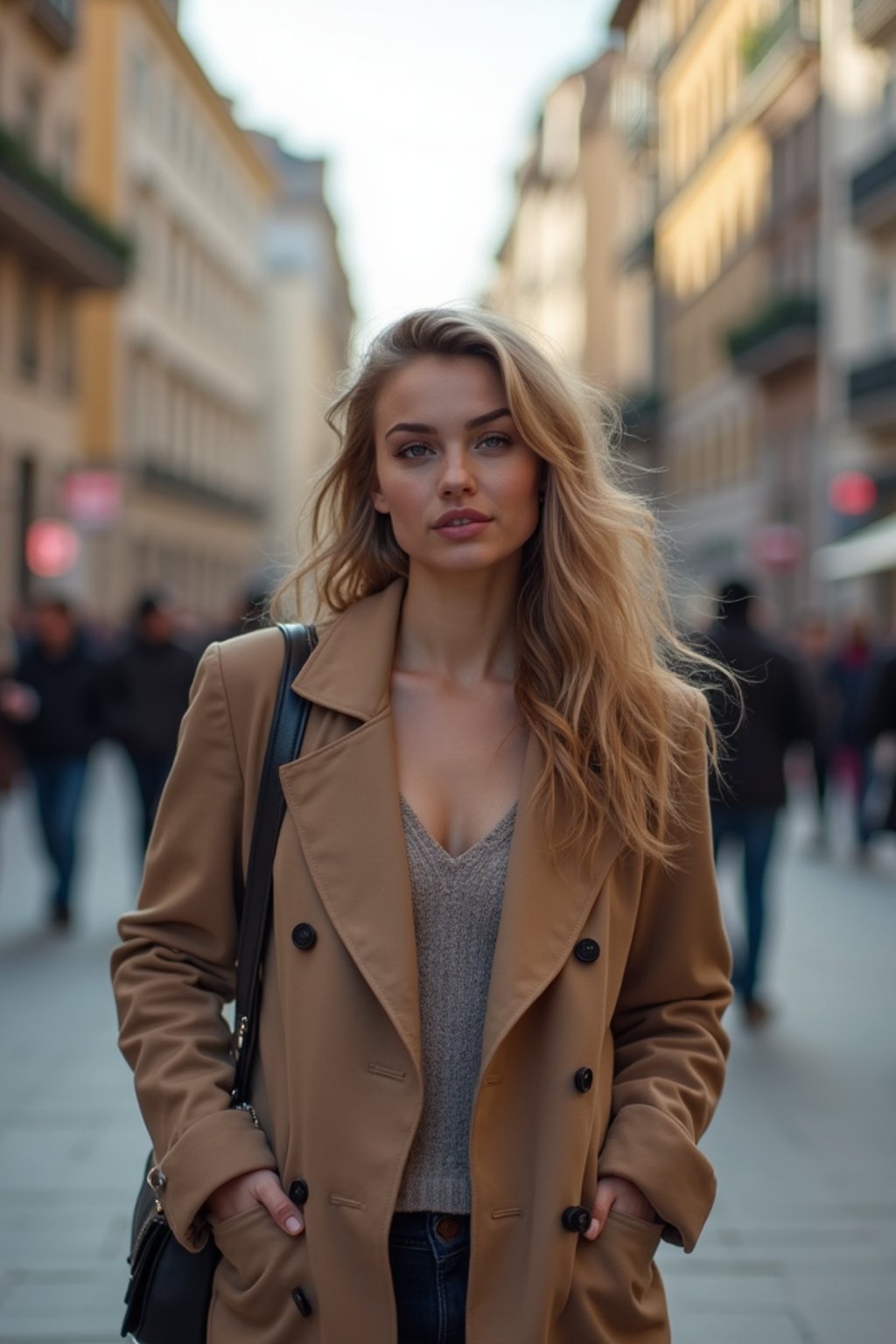 a confident  feminine woman exploring a bustling city street