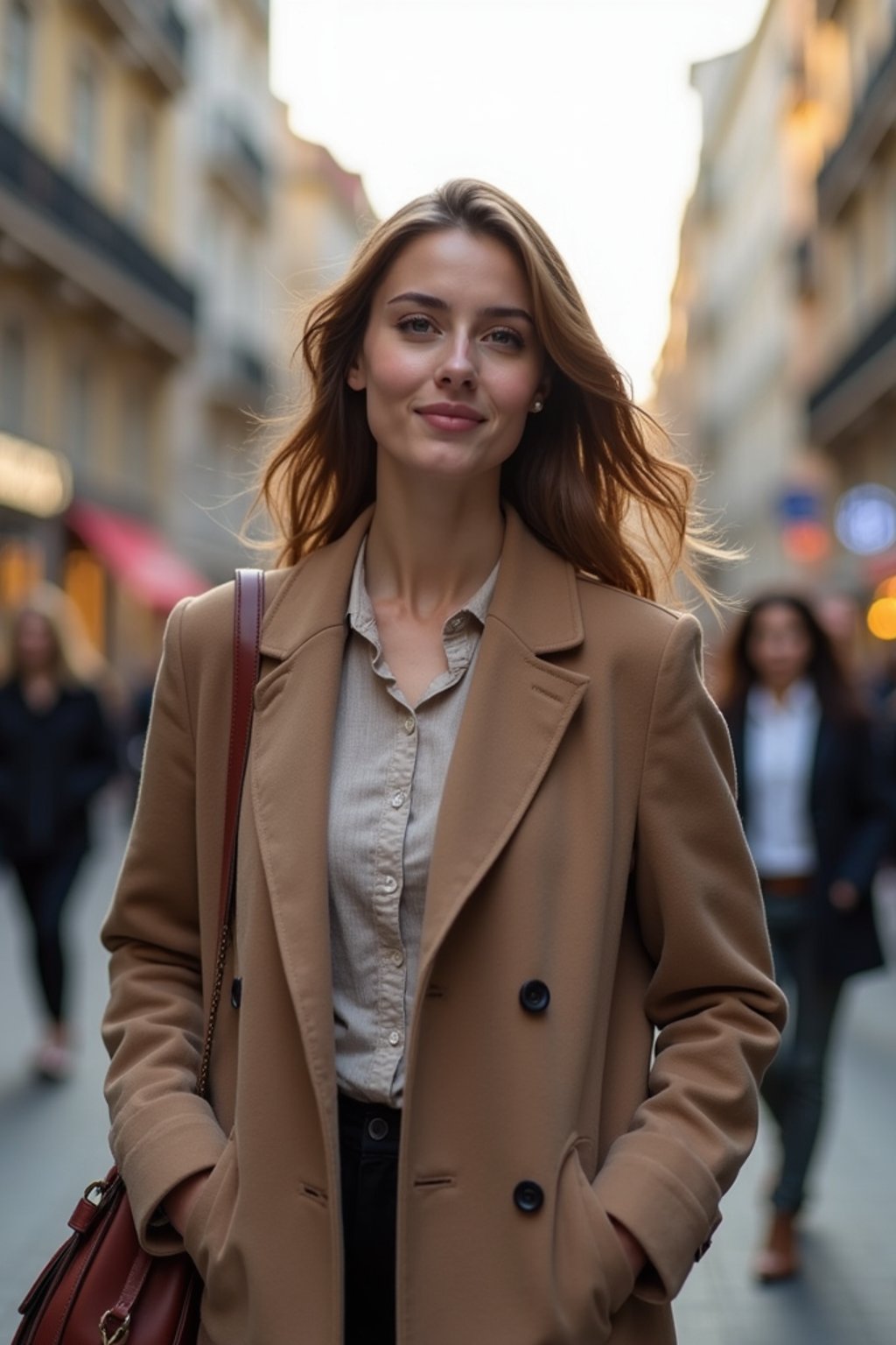 a confident  feminine woman exploring a bustling city street