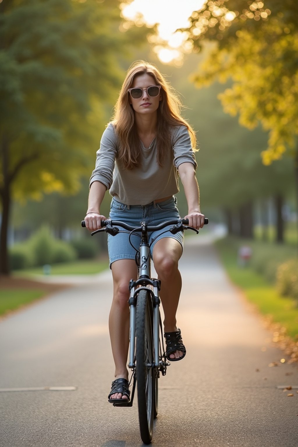 a stylish  feminine woman enjoying a leisurely bike ride along a scenic path