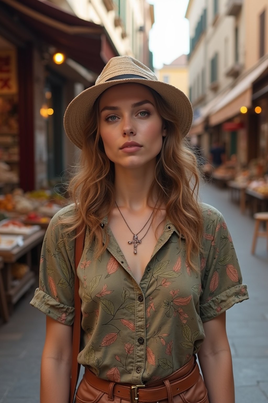 a charismatic  feminine woman exploring a street market