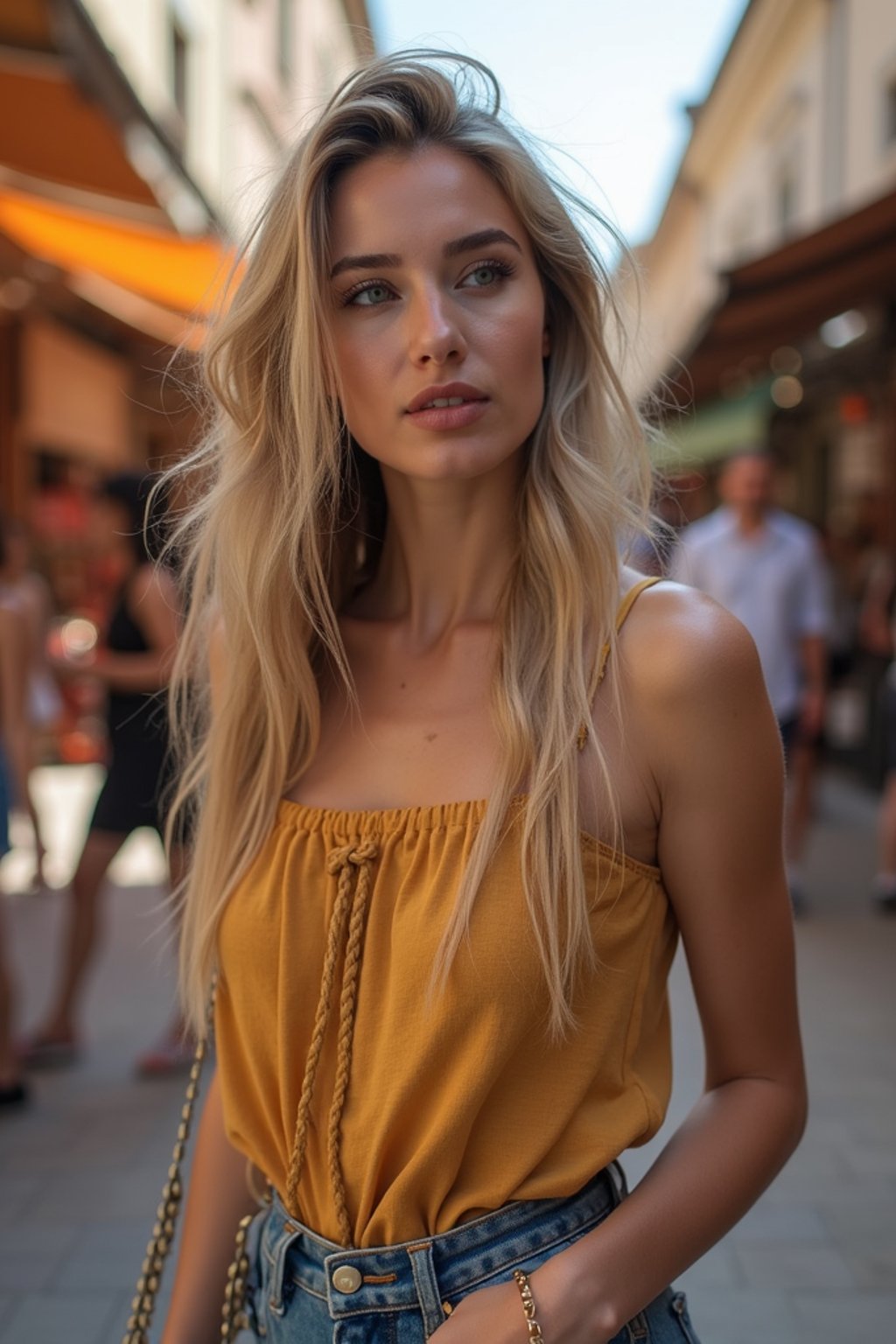 a charismatic  feminine woman exploring a street market