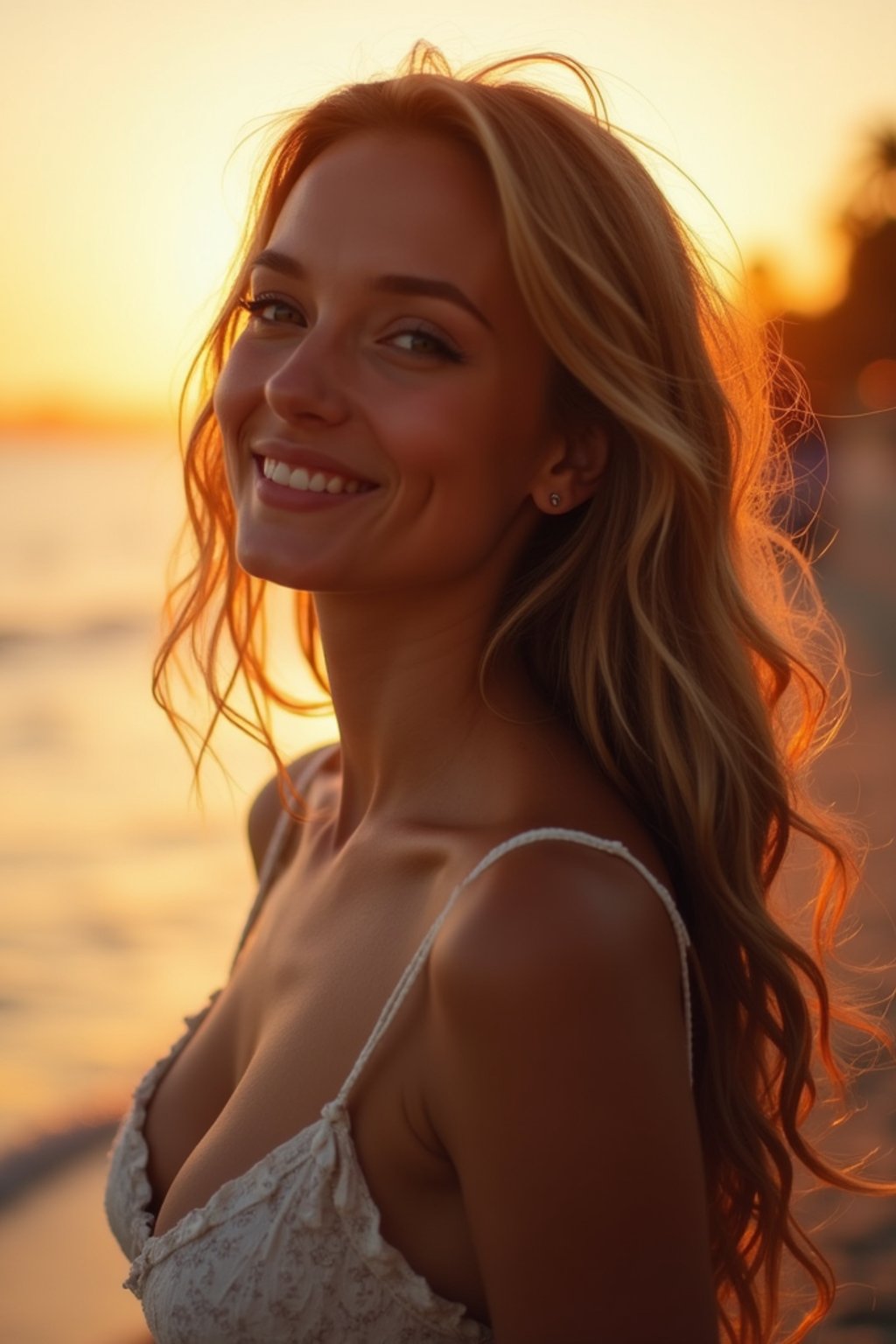 feminine woman enjoying a sunset at a beach or park