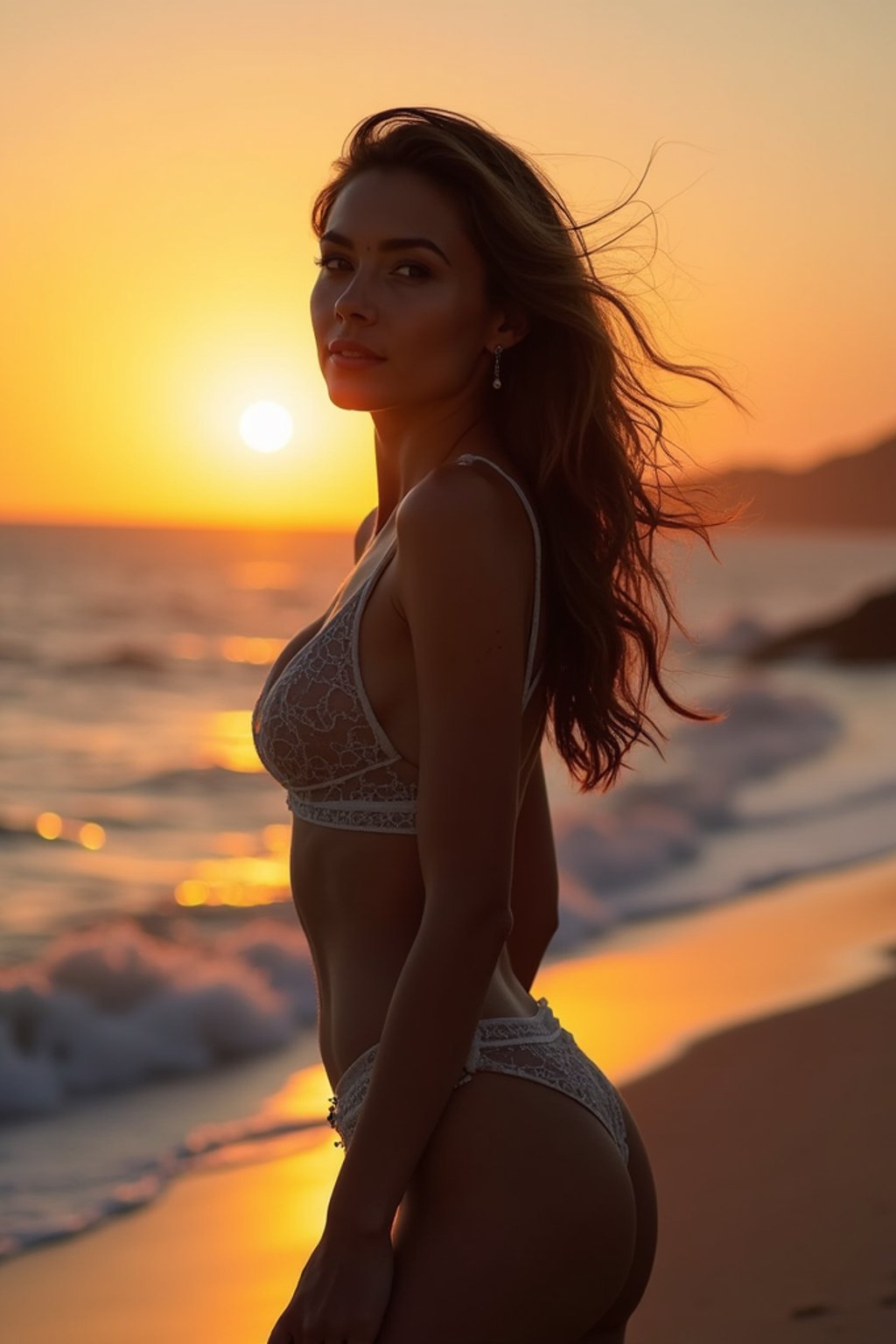 feminine woman enjoying a sunset at a beach or park