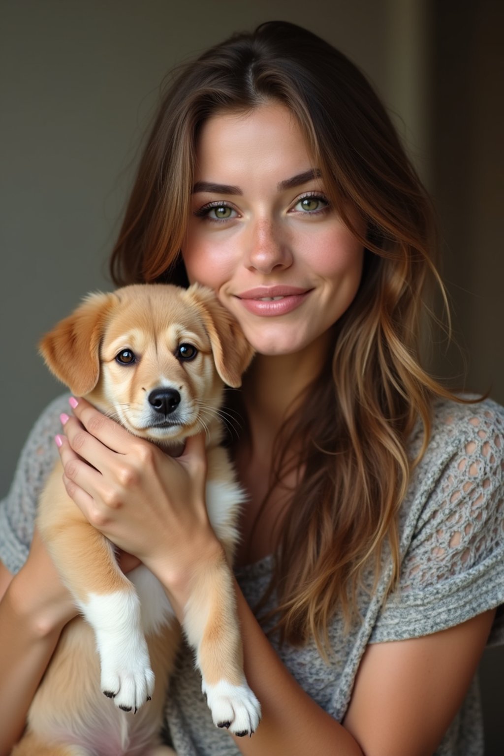 feminine woman posing with a cute pet